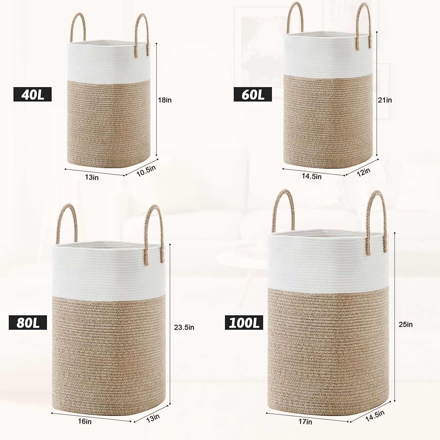 Laundry Basket,Woven Cotton Rope Laundry Hamper,Versatile Storage for Dirty Clothes,Baby Toys,and Blankets in Bathroom, Nursery,and Living Room (Brown, 60L)