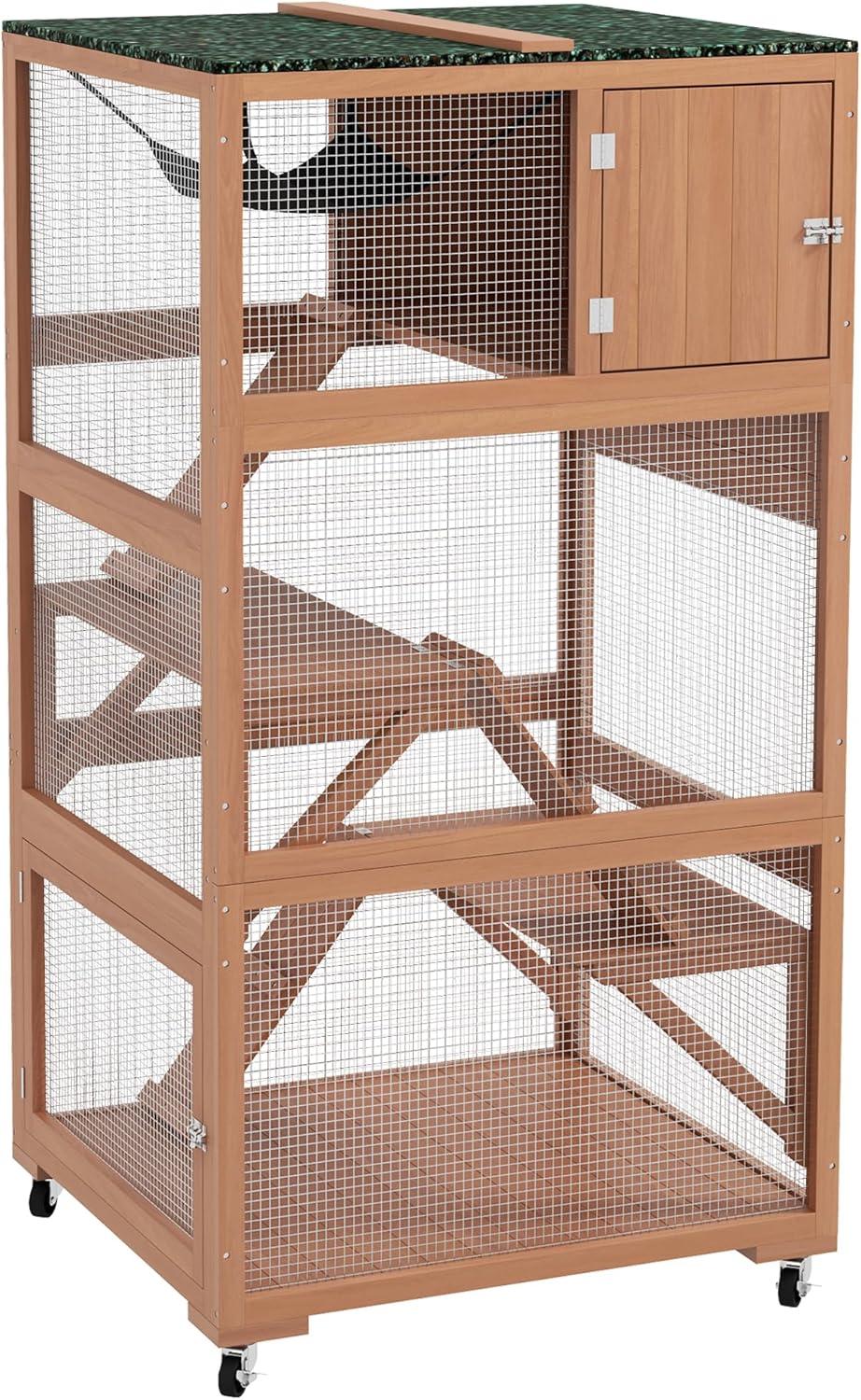 PawHut Catio, Outdoor Cat Enclosure House, Wooden Feral Cat Shelter on Wheels with Hammock, Platforms Ramps, and Waterproof Roof, 34", Orange