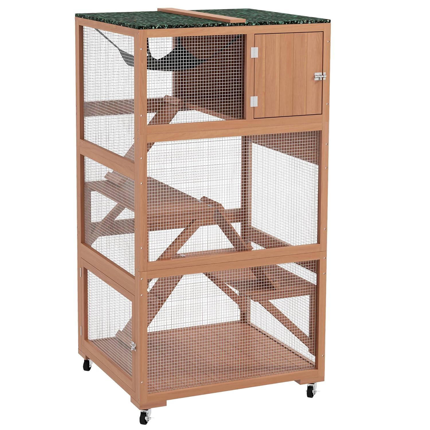 PawHut Catio, Outdoor Cat Enclosure House, Wooden Feral Cat Shelter on Wheels with Hammock, Platforms Ramps, and Waterproof Roof, 34", Orange