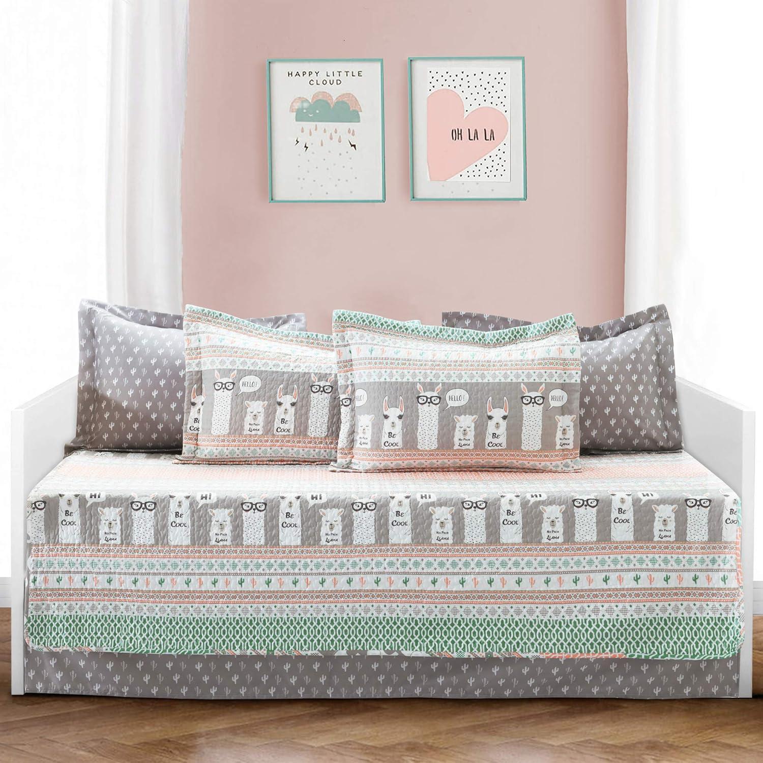 Turquoise and Pink Reversible Llama Quilt Set for Kids