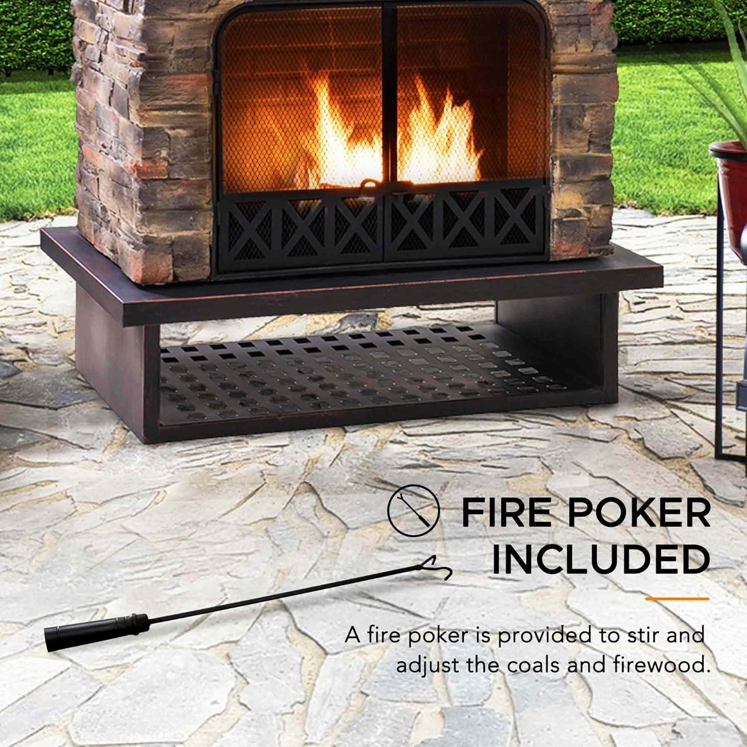 SUNJOY Outdoor 48 in. Black Steel Wood Burning Stone Fireplace with Fire Poker and Removable Grate