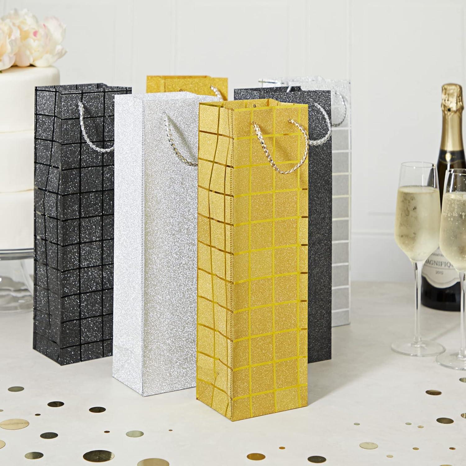 6 Pack Foiled Glitter Wine Bottle Gift Bags with Handles for Holidays, New Years, Birthdays (Silver, Black, Gold, 3.8 x 14 x 3.3 In)