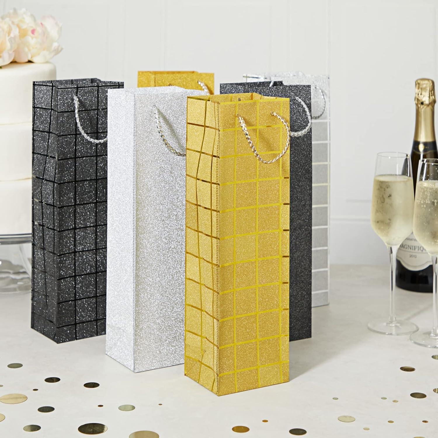 Juvale 6 Pack Foiled Glitter Wine Bottle Gift Bags with Handles for Holidays, New Years, Birthdays, Silver, Black, Gold, 3.8 x 14 x 3.3 n