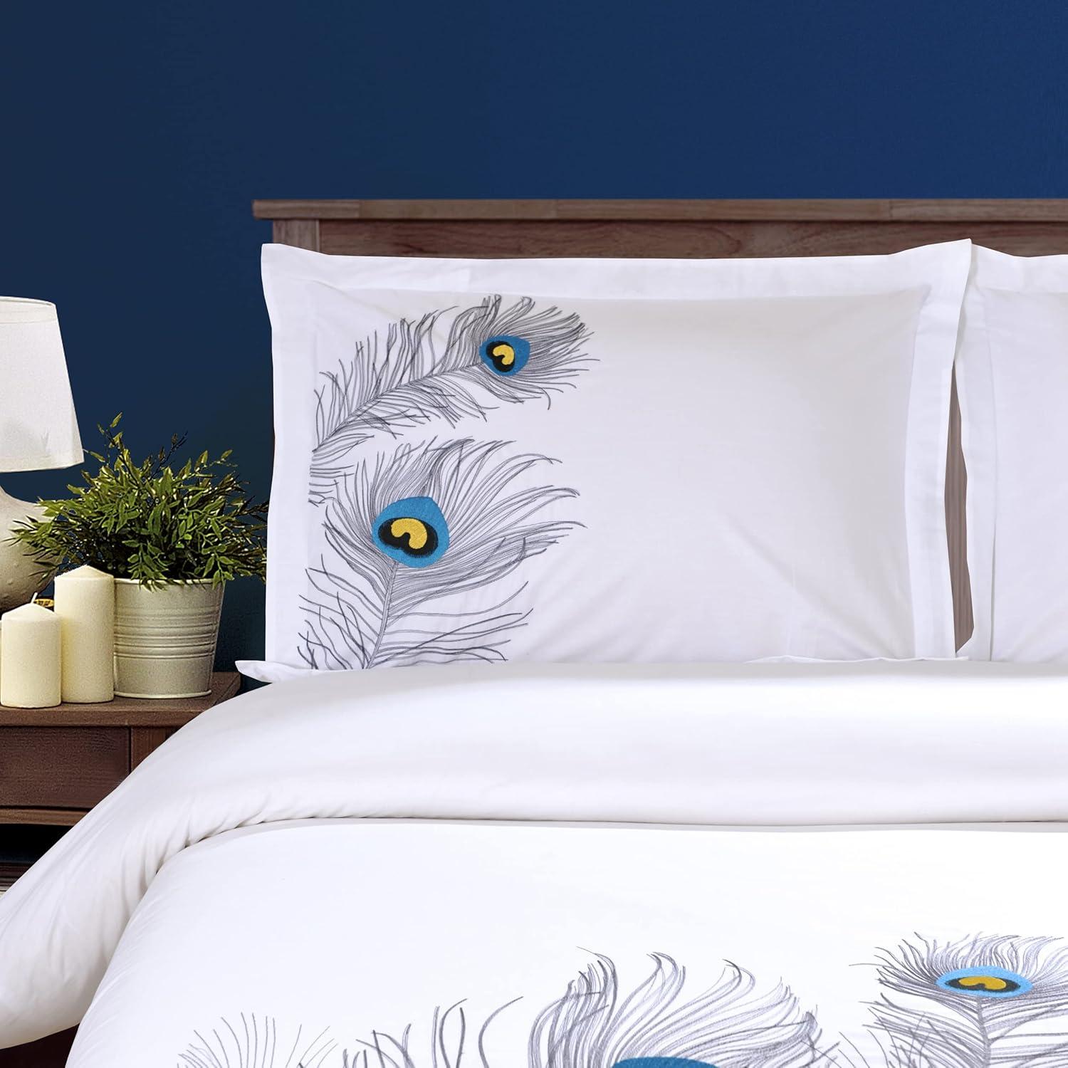 Silver Embroidered Peacock Cotton King/California King Duvet Cover Set