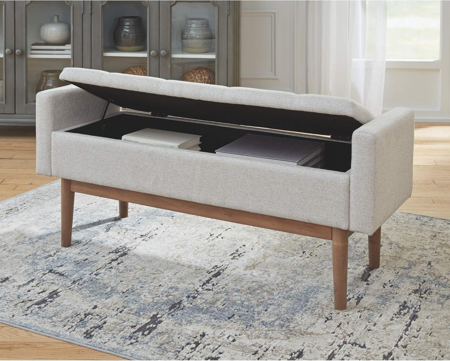 Beige and Brown Tufted Upholstered Storage Bench with Wood Legs