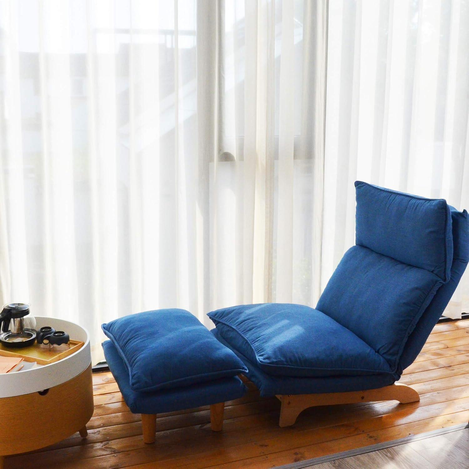 Lazy Chair with Ottoman, Modern Accent Lounge Chair Single Leisure Upholstered Sofa with Adjustable Back, Reading Chair for Living Room, Bedroom, Dark Blue