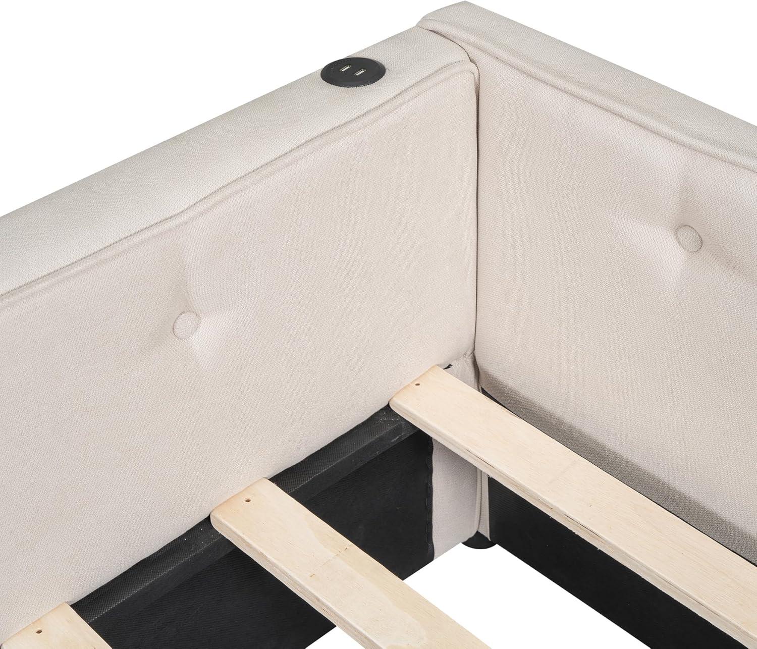 DreamBuck Queen Size Daybed with 2 Drawers, Wood Upholstered Bed Frame with USB Port and Storage, Linen Fabric Daybed, Queen Bed Frames for Bedroom, Living Room, No Box Spring Needed