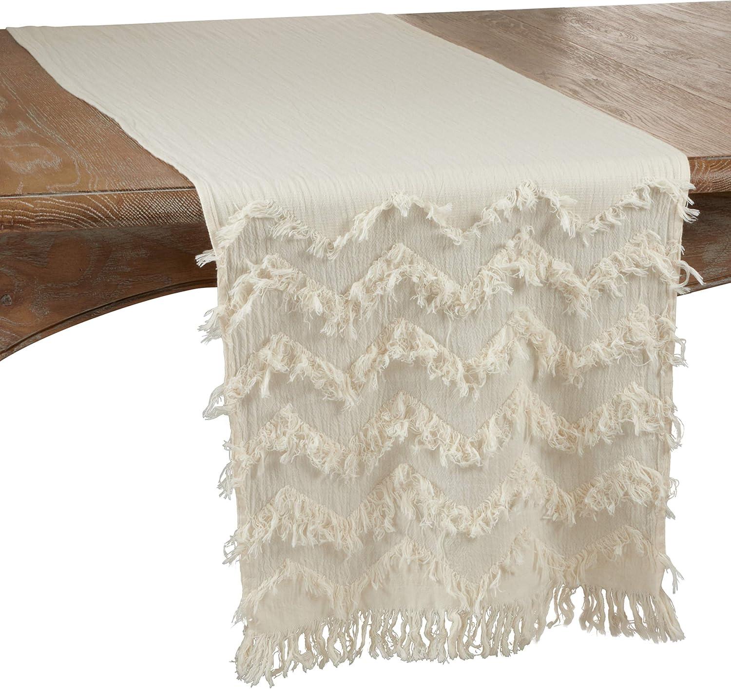 72" x 16" Cotton Chevron Fringed Table Runner White - Saro Lifestyle