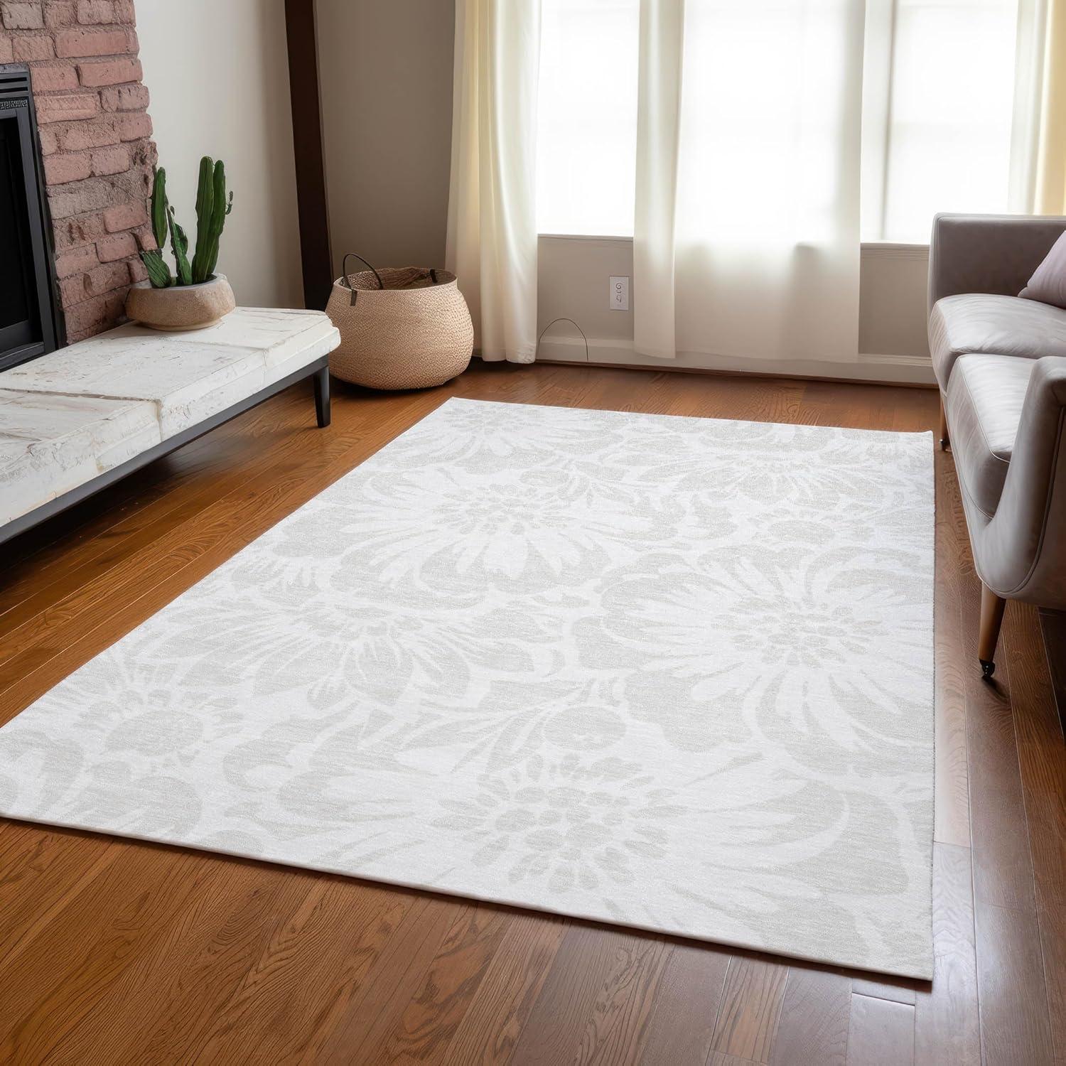 Ivory Floral Synthetic Washable Rectangular Rug 2'6" x 3'10"