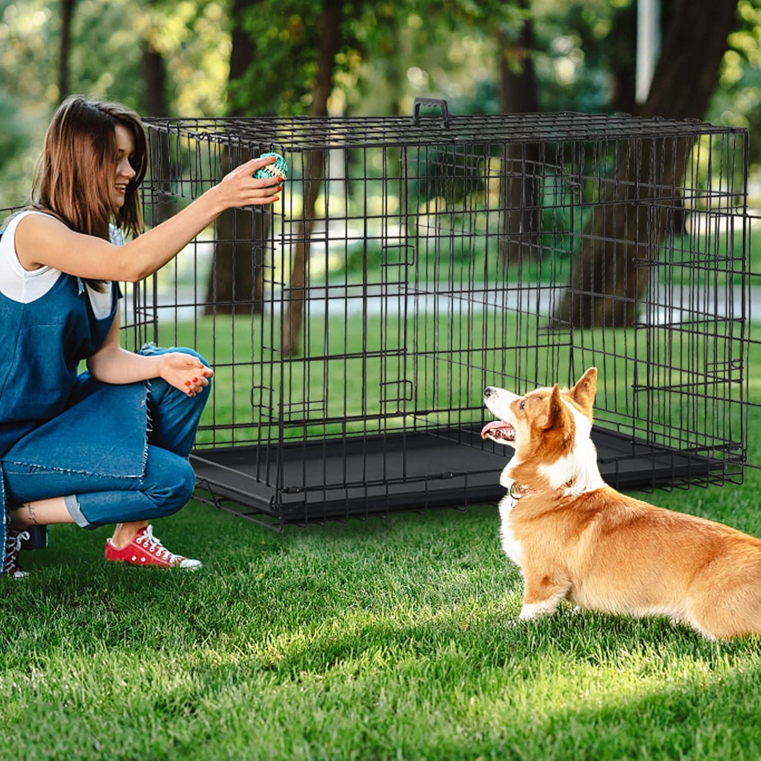CL.HPAHKL Durable Large Dog Crate, Folding Metal Dog Kennel Double Door Dog Cage with Plastic Tray, Wire Crate for Large Dog Indoor Outdoor Travel (Black, 42 inch)