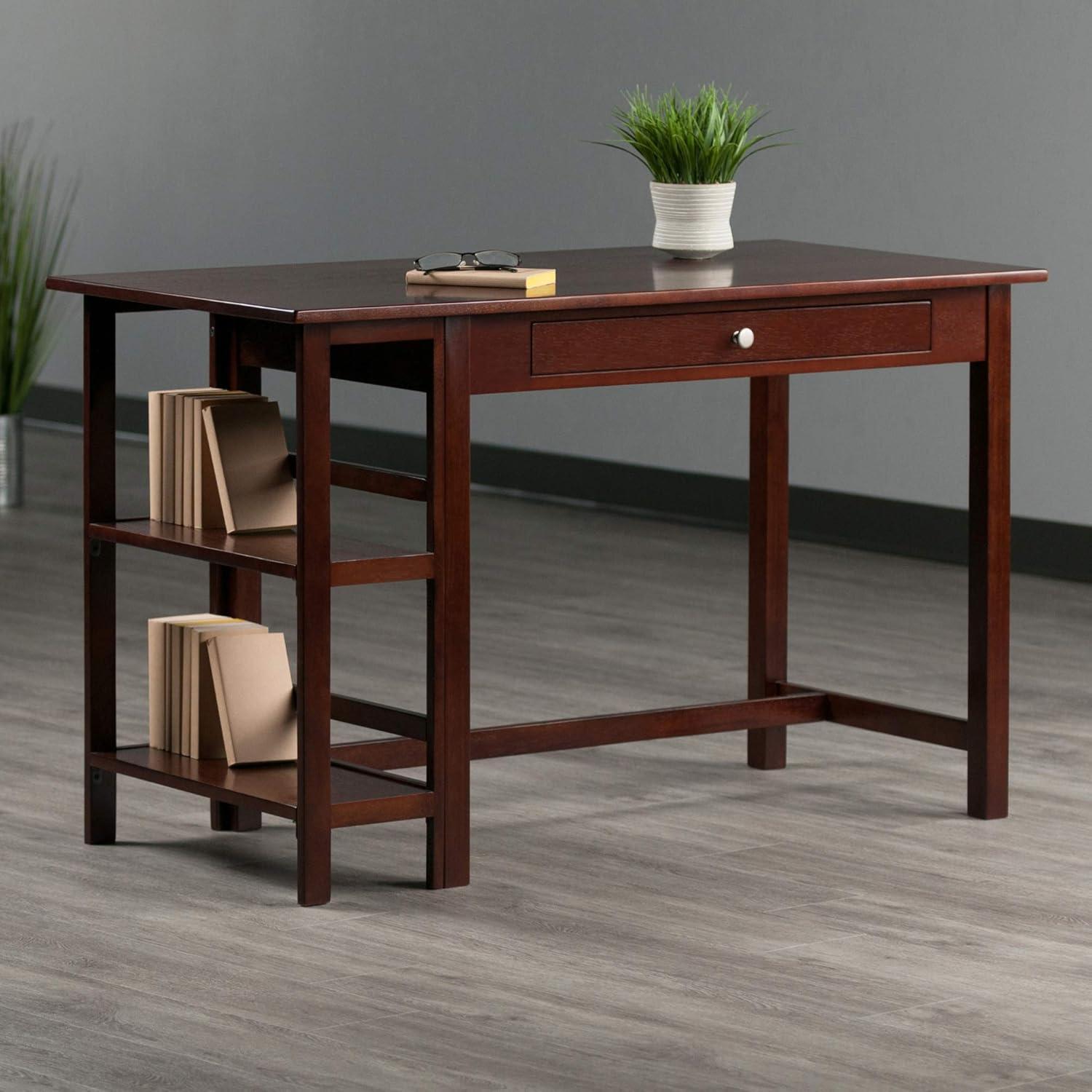 Velda Writing Desk Walnut - Winsome: Hardwood & MDF, Side Shelves, Modern Style