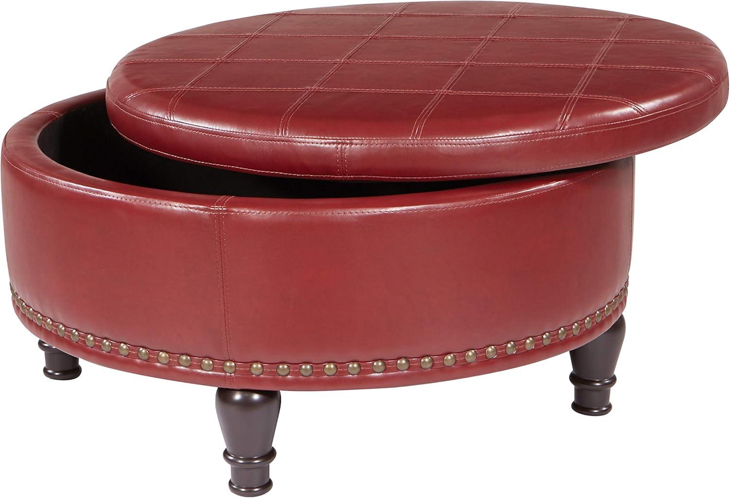 OSP Home Furnishings Augusta Round Storage Ottoman in Crimson Red Bonded Leather with Decorative Nailheads