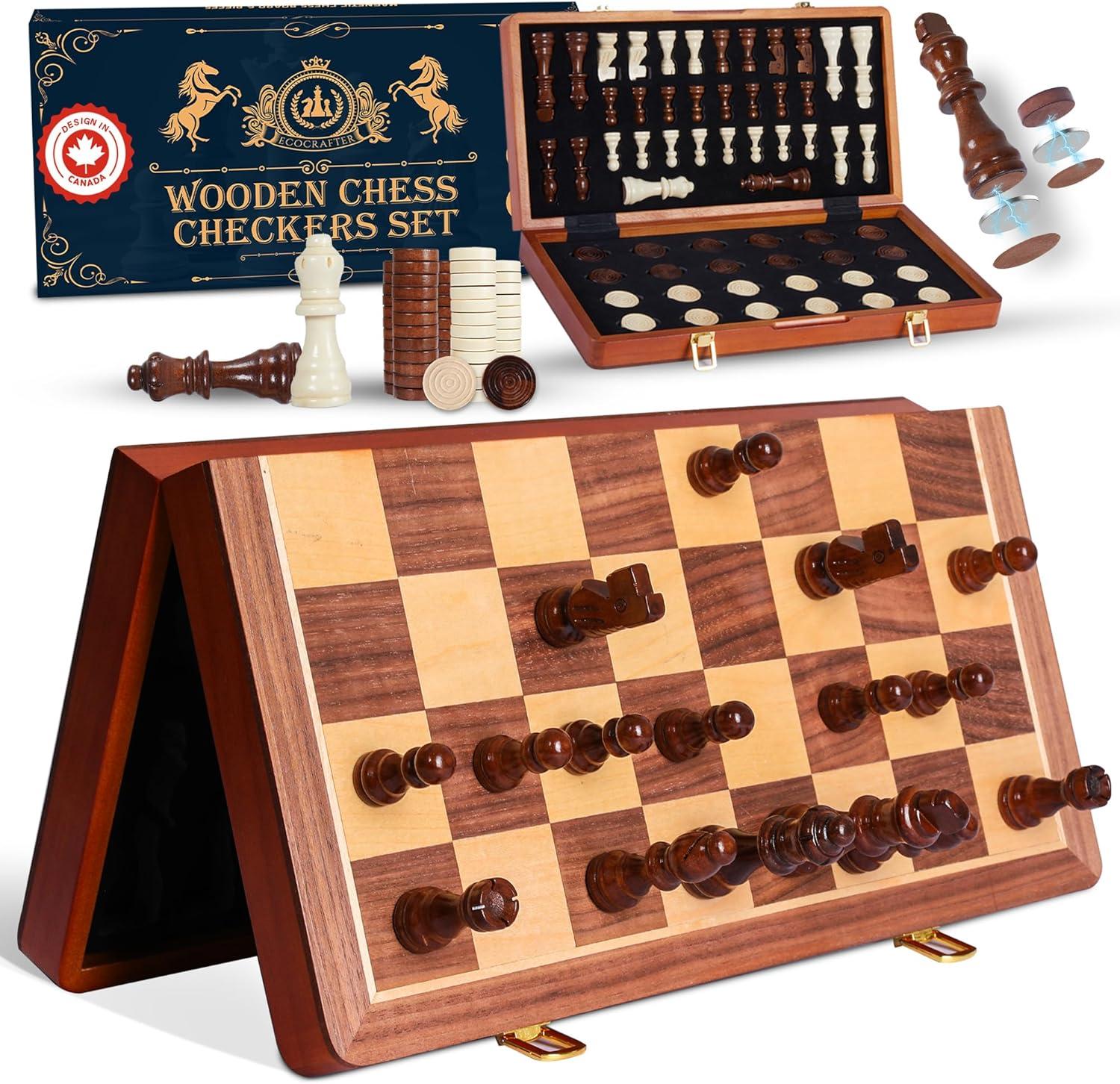 KiddiTouch 15 inch Magnetic Wooden Chess Set 2 in 1 Folding Chess Board Travel Chess Games for Adults and Kids