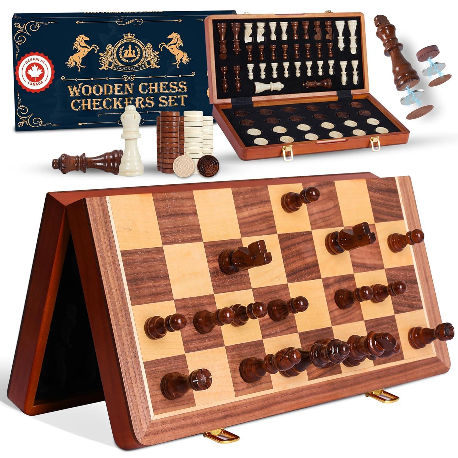 KiddiTouch 15 inch Magnetic Wooden Chess Set 2 in 1 Folding Chess Board Travel Chess Games for Adults and Kids