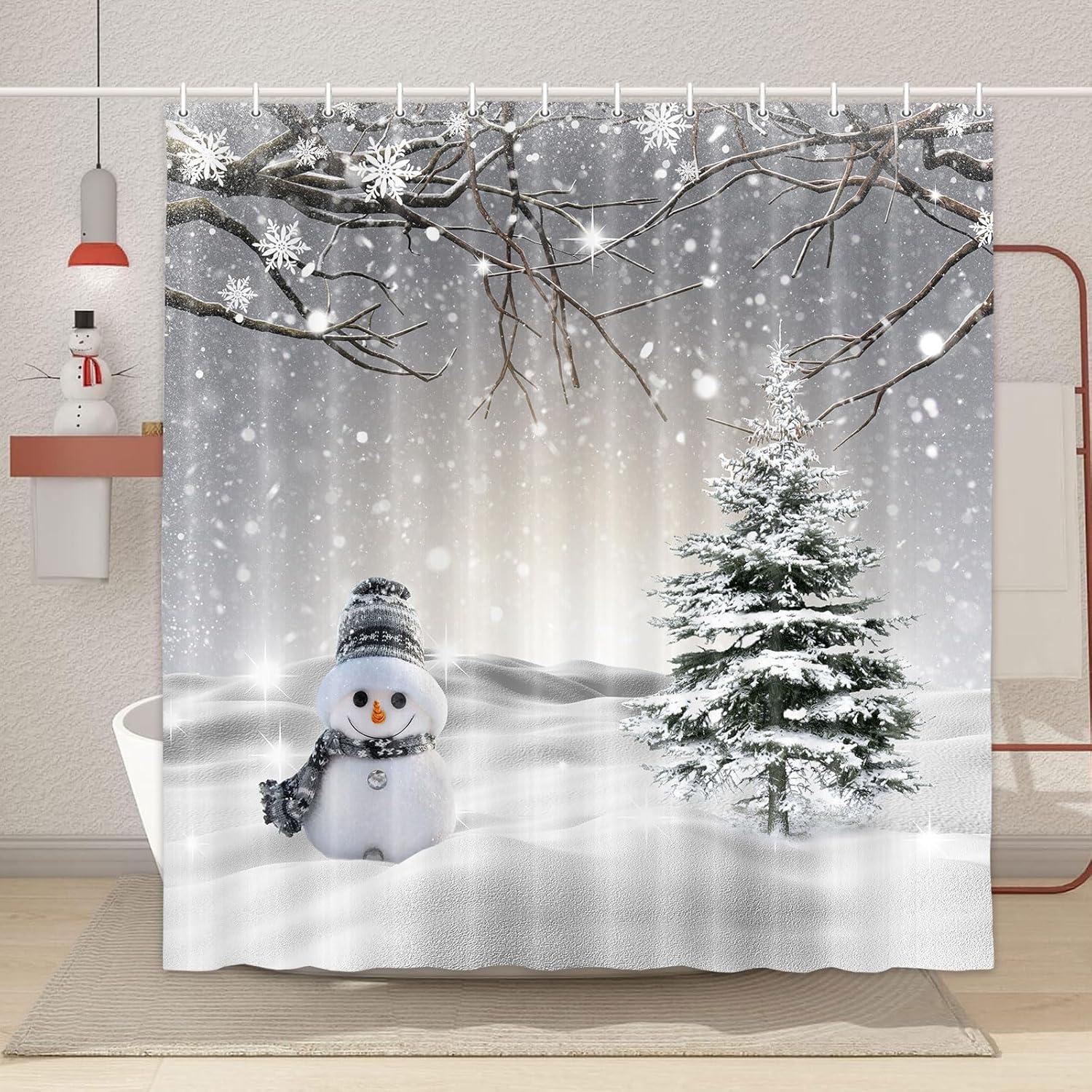 Farmhouse Winter Christmas Shower Curtain, Cute Snowman Snow Forest Pine Tree Scene Shower Curtain For Bathroom Rustic Xmas Snowflake Holiday Gray Bathroom Accessories Polyester 72"X72" With Hooks