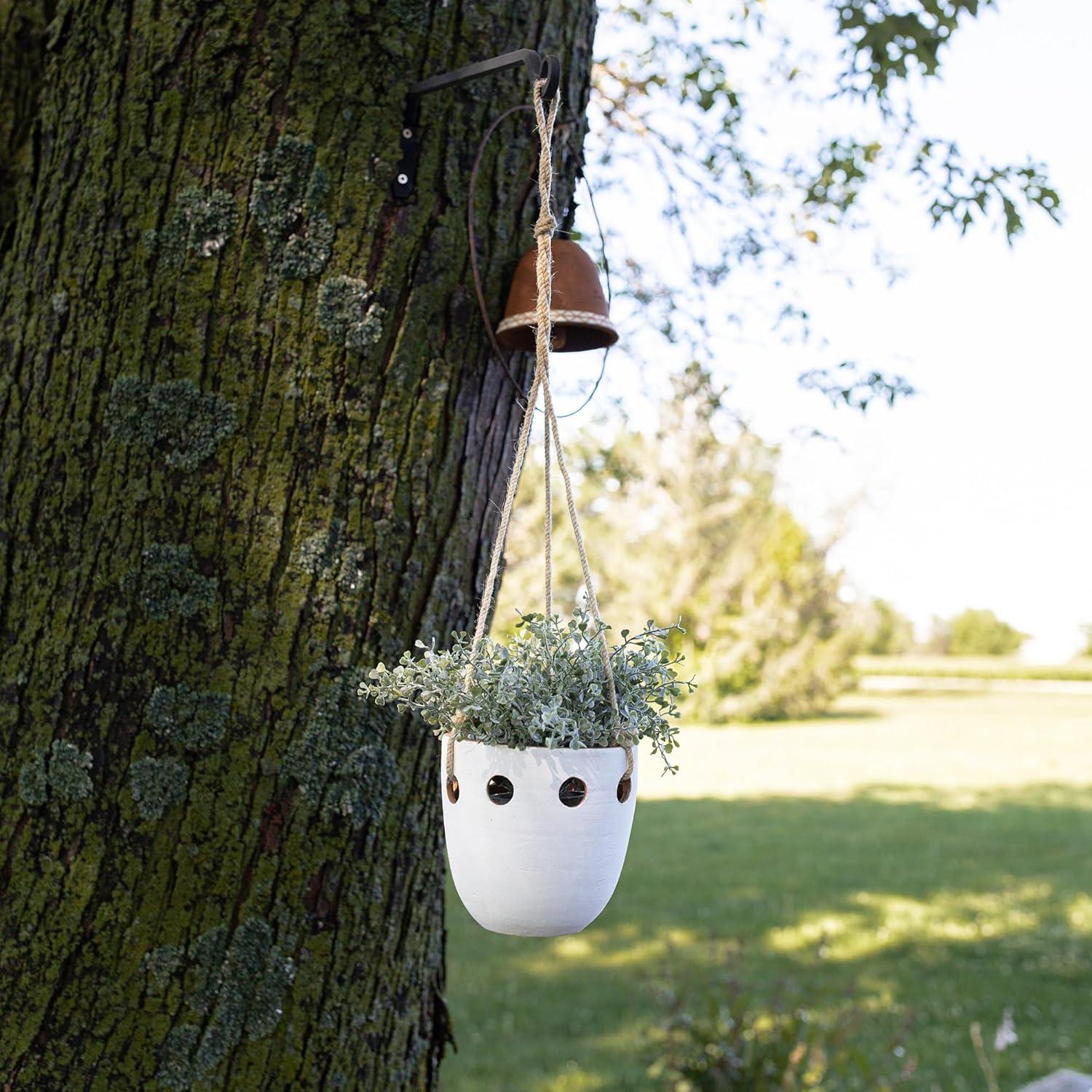 Round Cutout Hanging Planter White Terracotta & Jute by Foreside Home & Garden