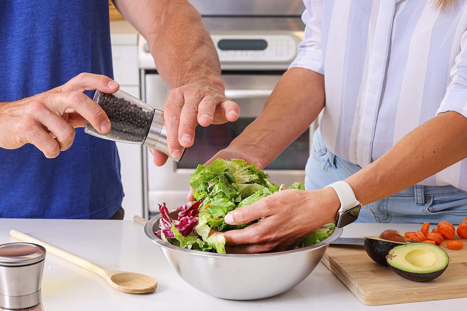CB Accessories Stainless Steel Salt and Pepper Grinder Set with Wood Tray,  Adjustable Coarseness for Modern Farmhouse Kitchen Table