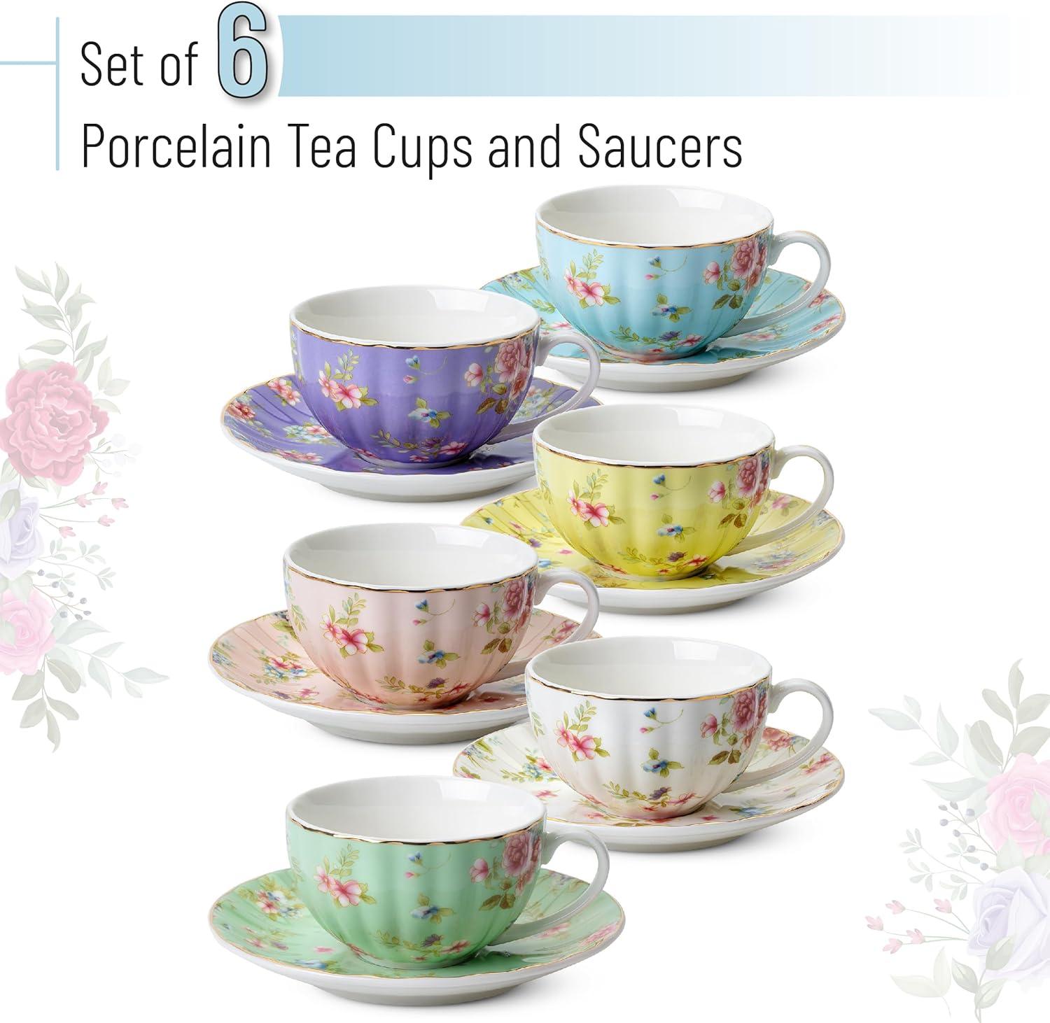 Pastel Floral Porcelain Tea Cups and Saucers Set of 6