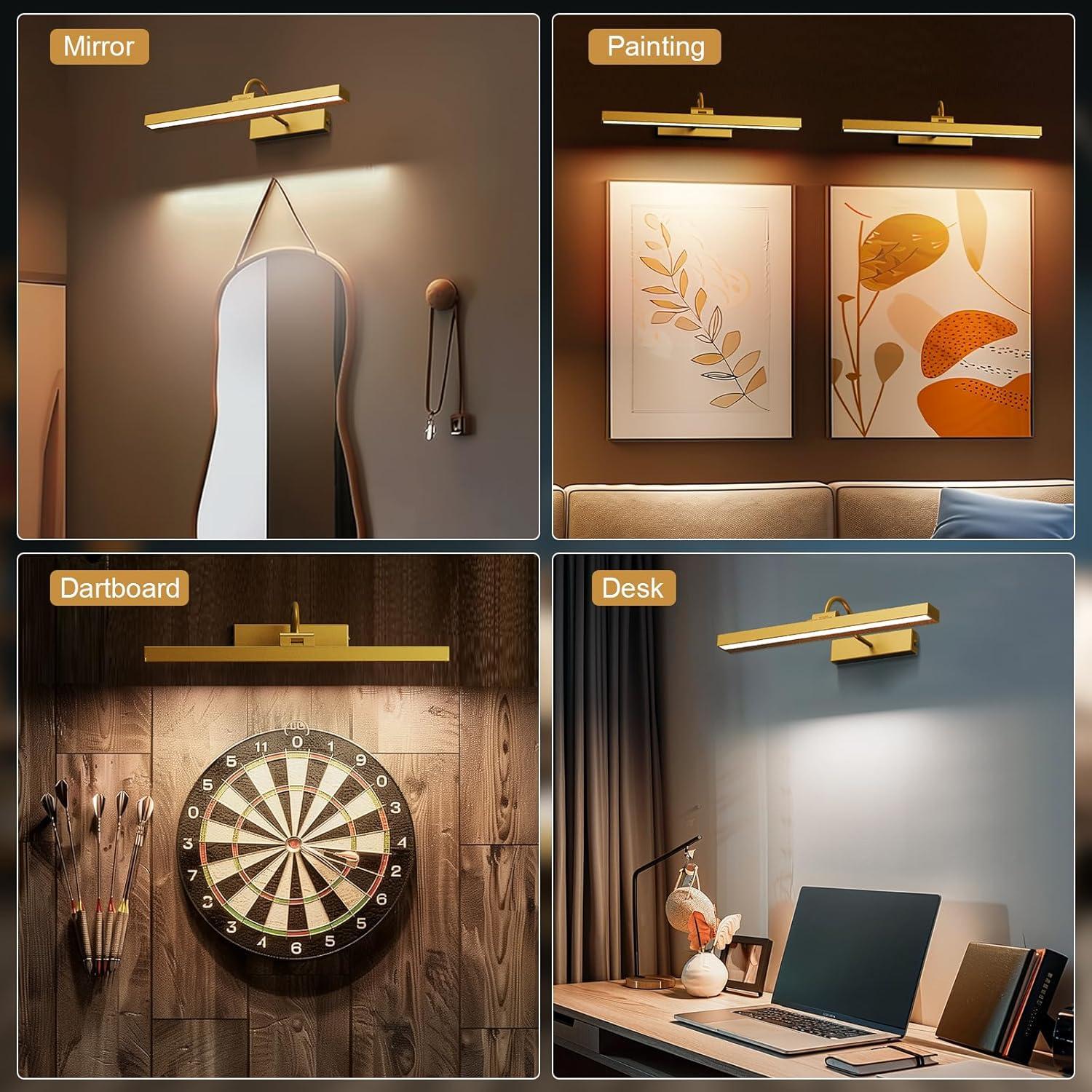 Bridika Picture Lights for Wall Battery Operated, 15.7in Wireless Rechargeable Wall Lights with Remote, 3 Color Temperatures, Dimmable Art Light for Paintings, Gallery, Dartboard, Portraits gold 1pack