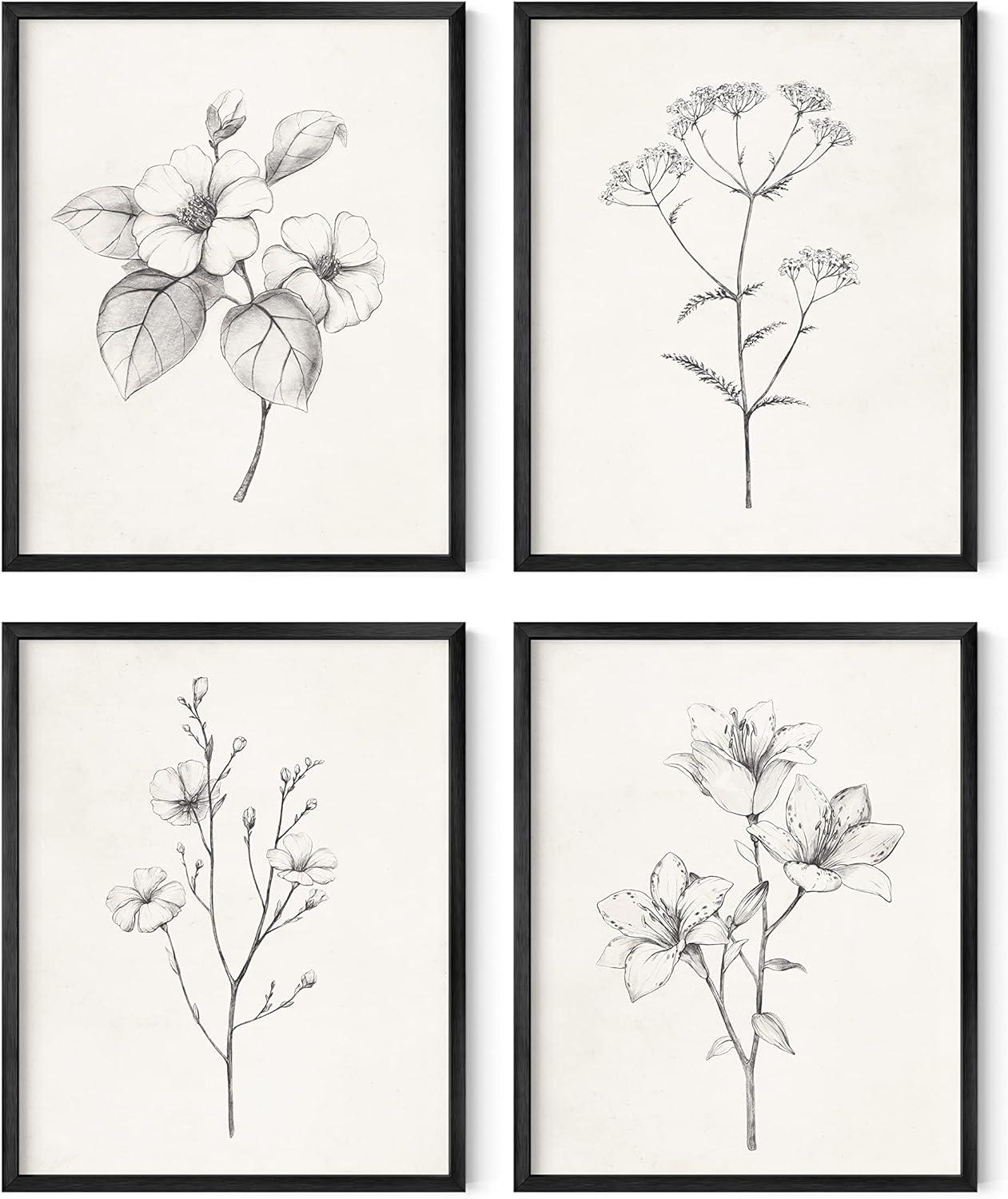 Set of 4 Black and White Botanical Flower Posters