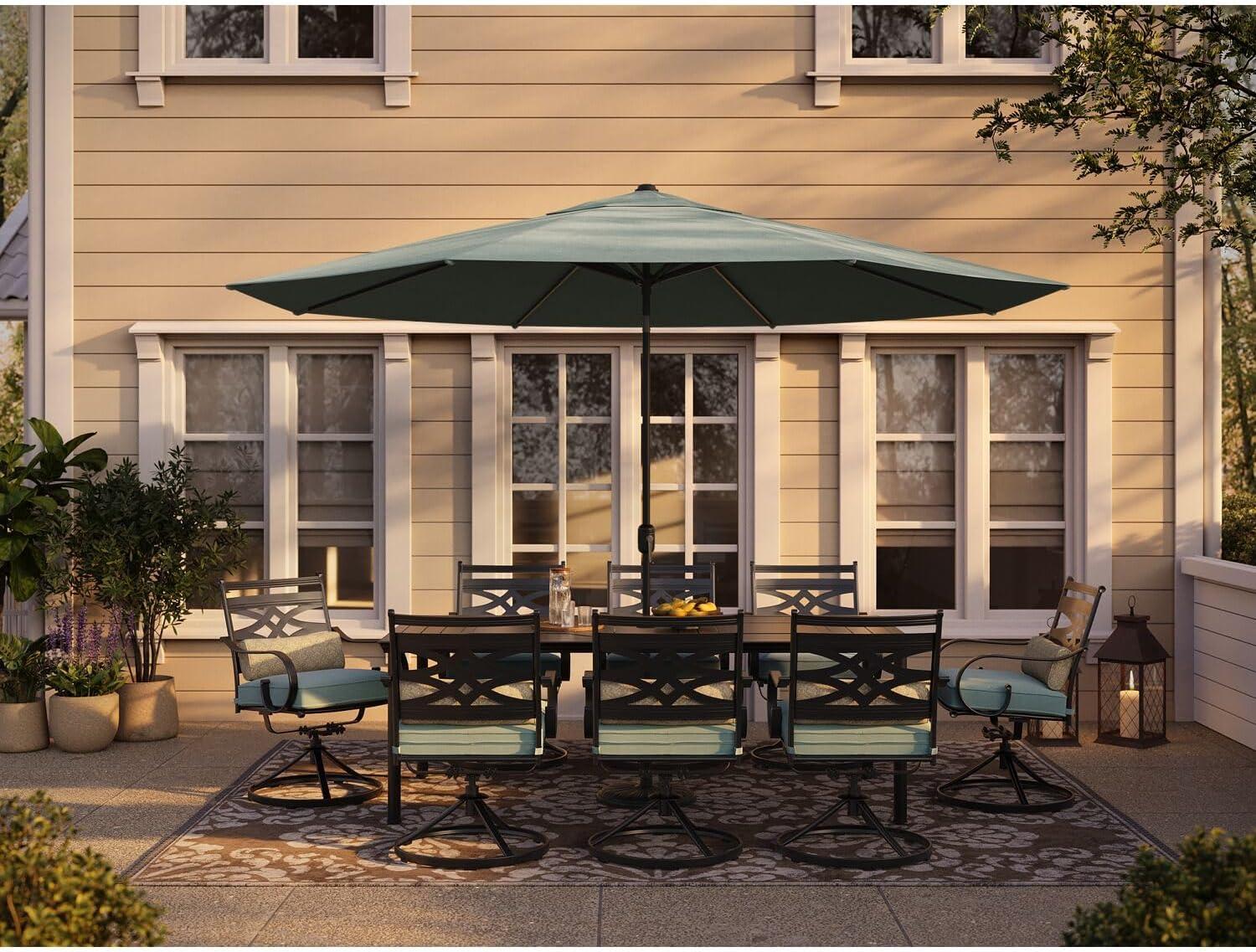 Hanover Montclair 9-Piece High-Dining Set in Ocean Blue with 8 Counter-Height Swivel Chairs and 60-Inch Square Table