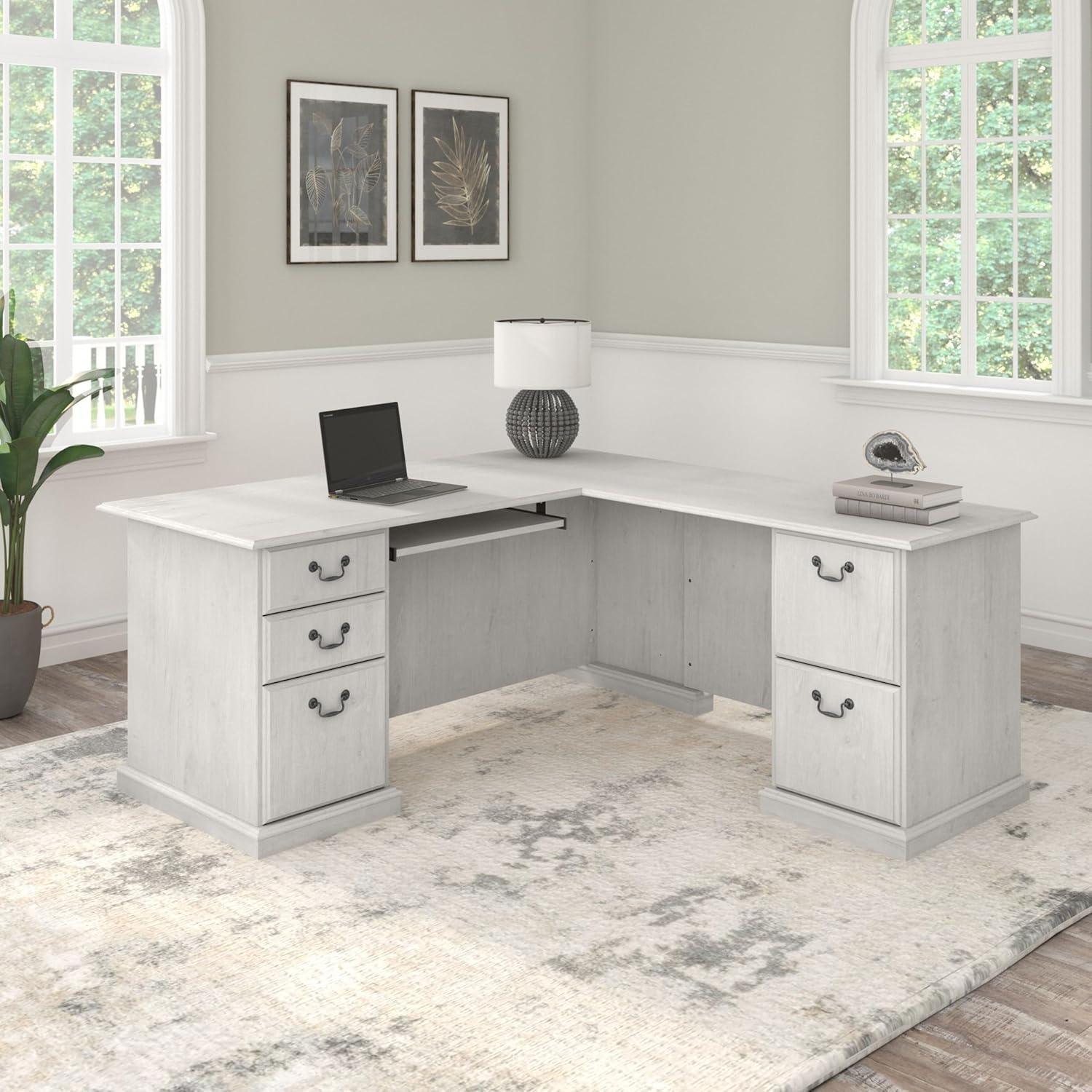 Bush Furniture Saratoga L Shaped Computer Desk with Drawers in Linen White