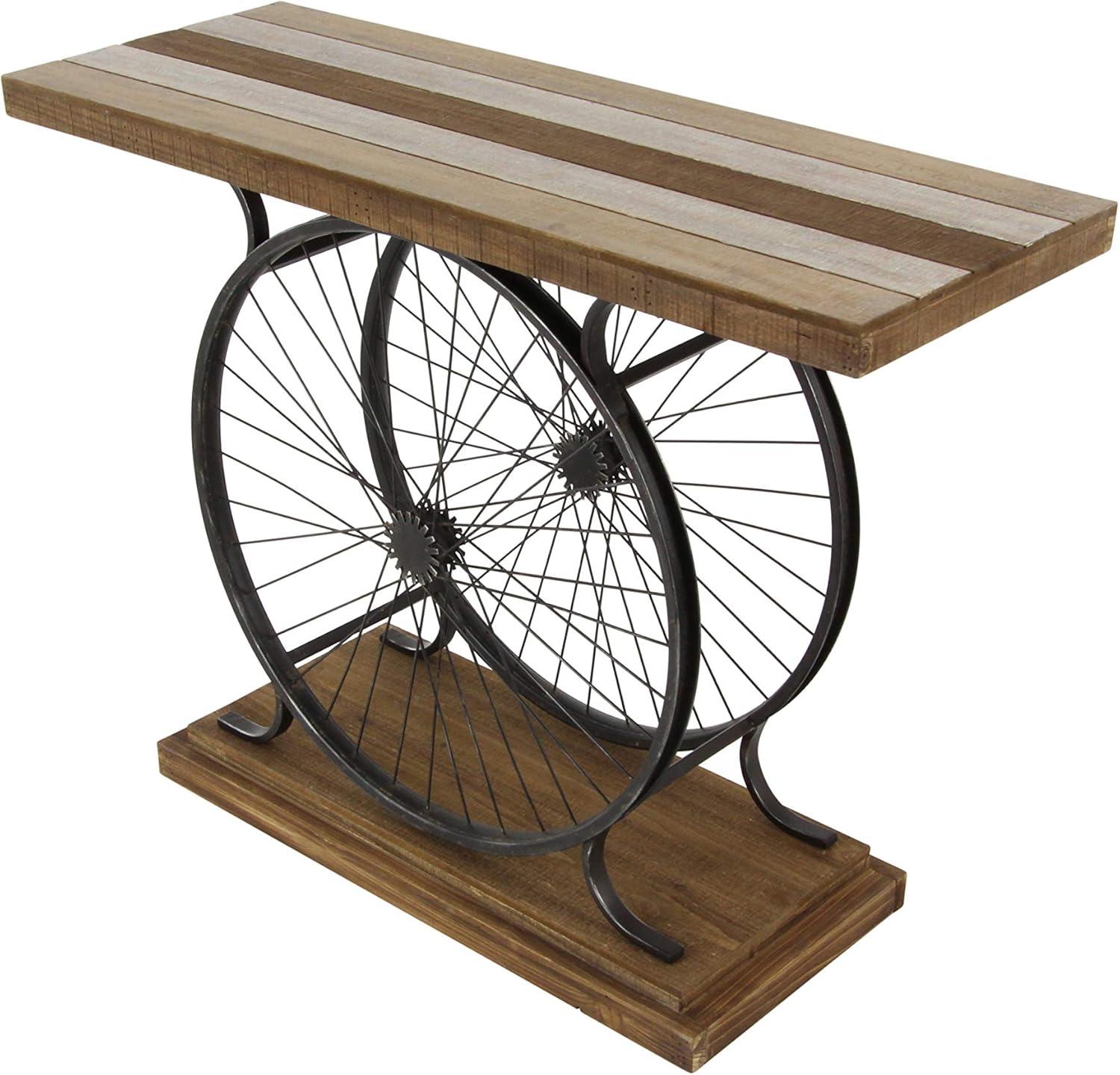 Olivia & May Industrial Wheel Console Table Brown: Iron Frame, Wood Top, Entryway Furniture