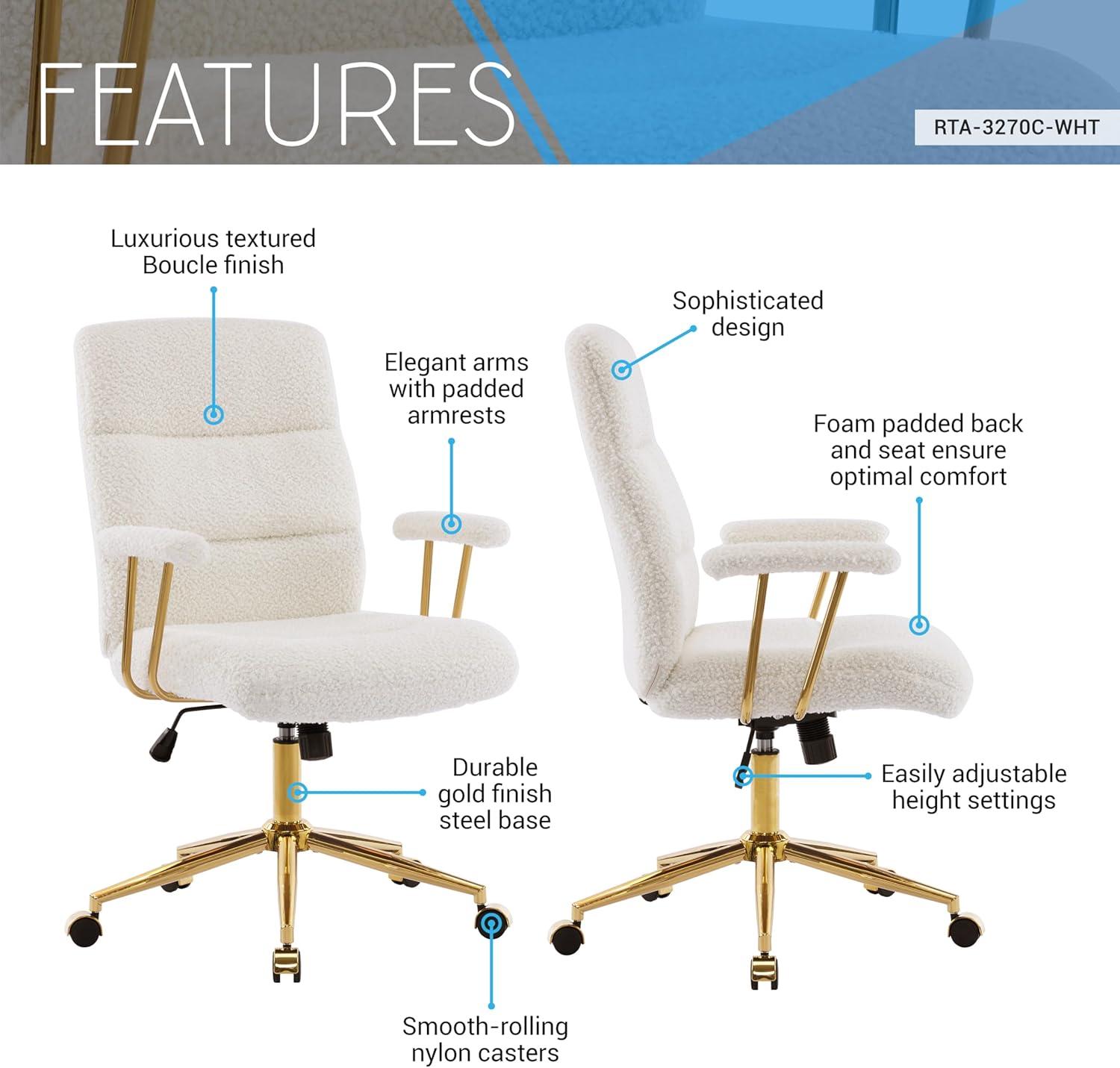 Techni Mobili Elegant Textured Boucle White and Gold Office Chair