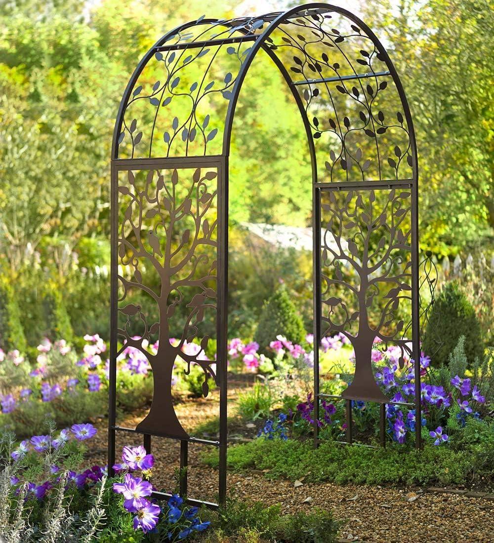 Plow & Hearth - Wide Arch Metal Garden Arbor with Tree of Life Design