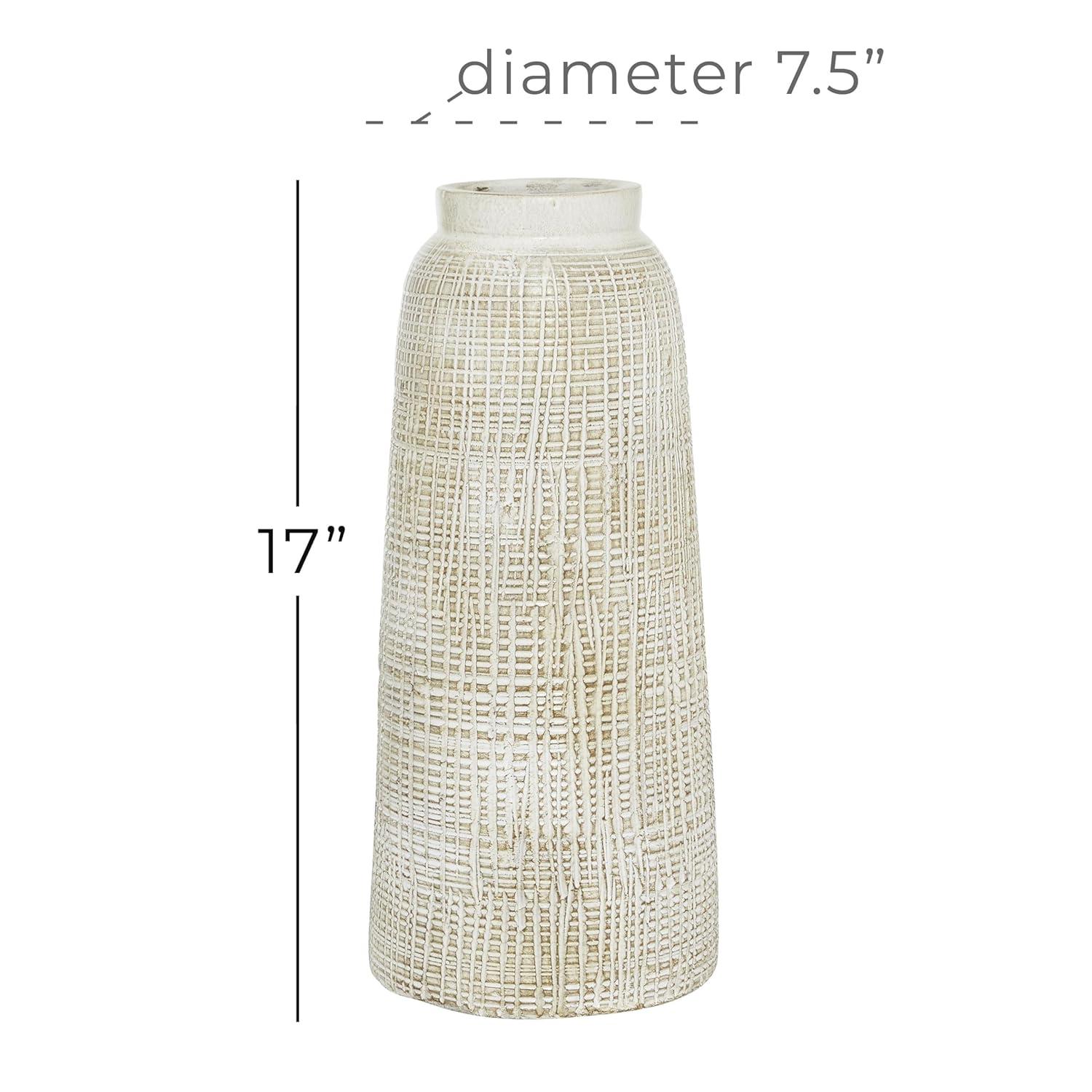 DecMode 11" Carved White Ceramic Vase with Crosshatch Design