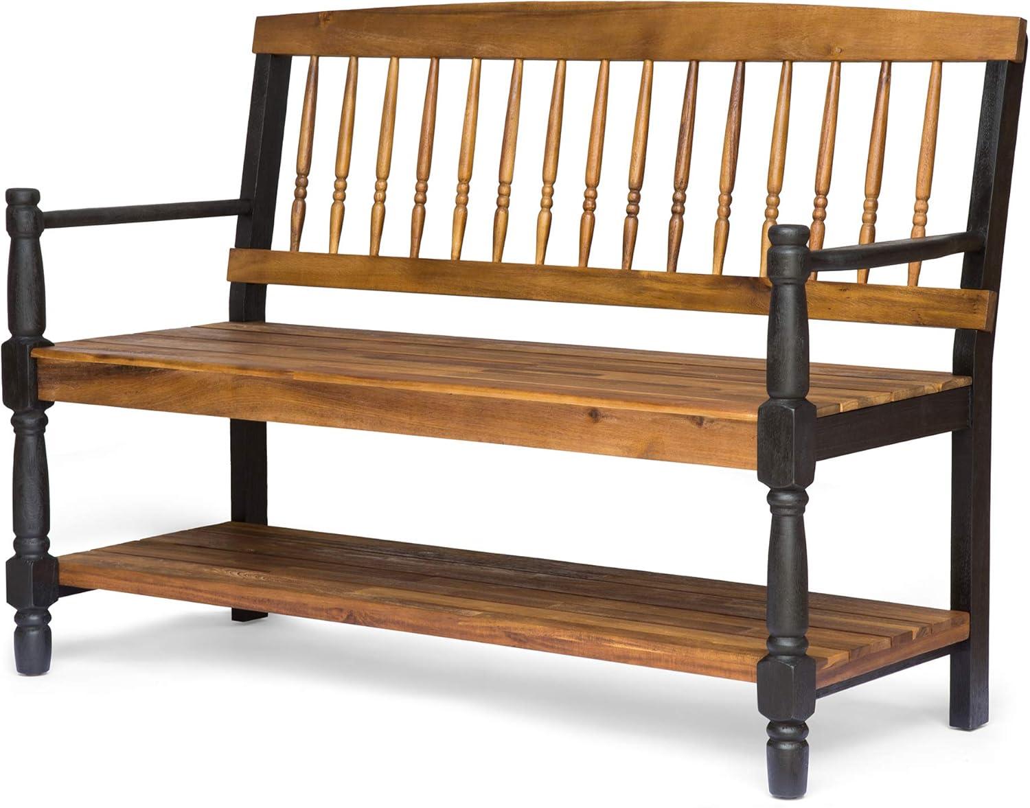 Teak and Black Acacia Wood Bench with Shelf, 51"
