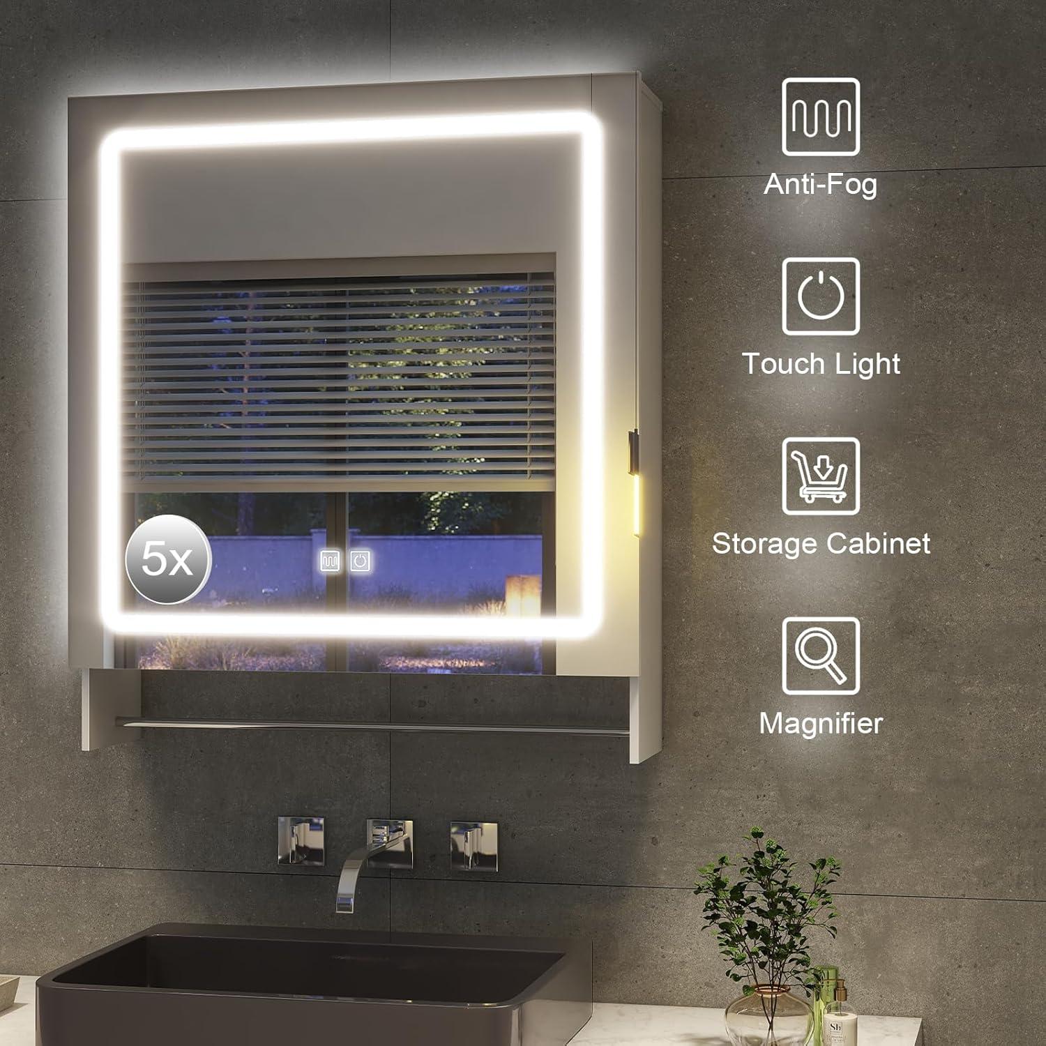 Vabches LED Bathroom Mirror with Lights 32"x 36", Anti-Fog LED Vanity Mirror, Bathroom Cabinet Wall Mounted, Stepless Dimmable Lighted Mirrors for Bathroom Wall, White