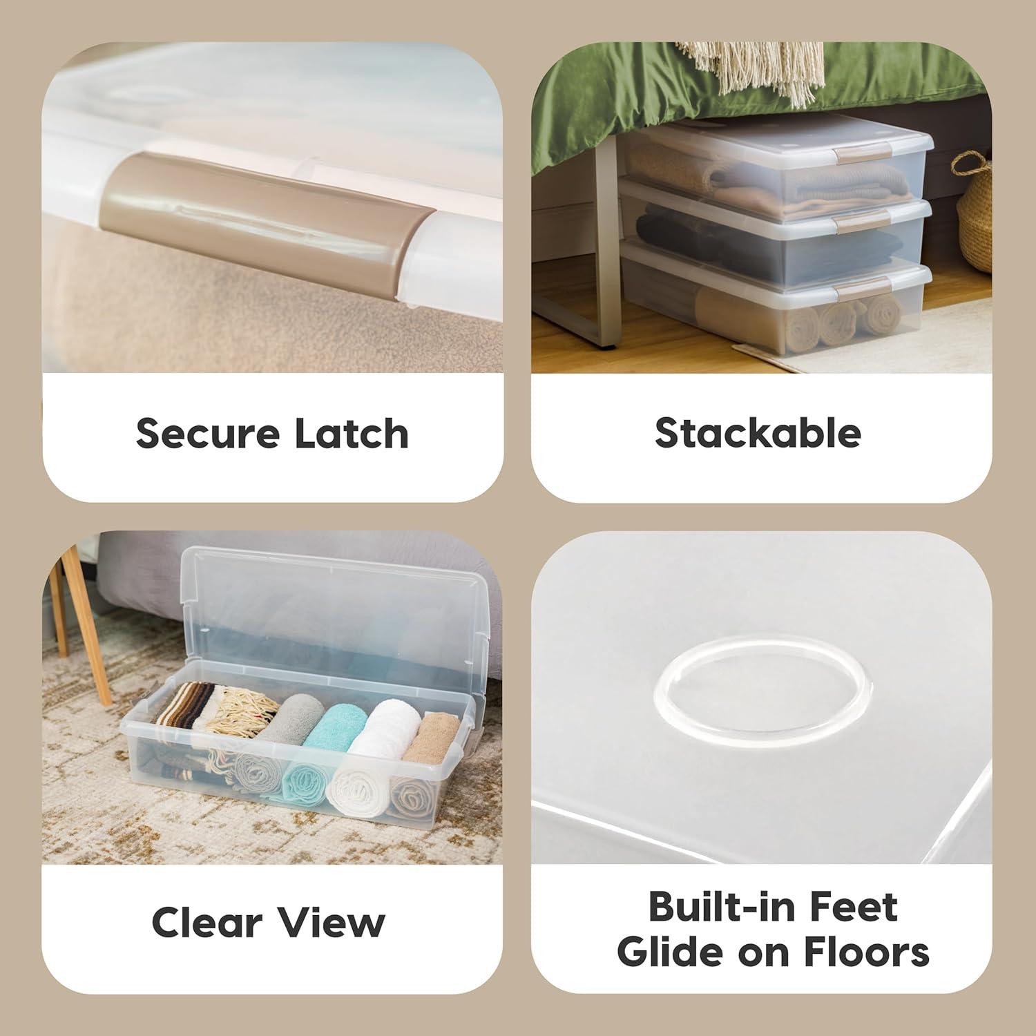 IRIS USA 40 Qt Plastic Under Bed Storage Stackable Nestable Organizer Bin Container with Secure Lids and Durable Tan Buckles, Clear