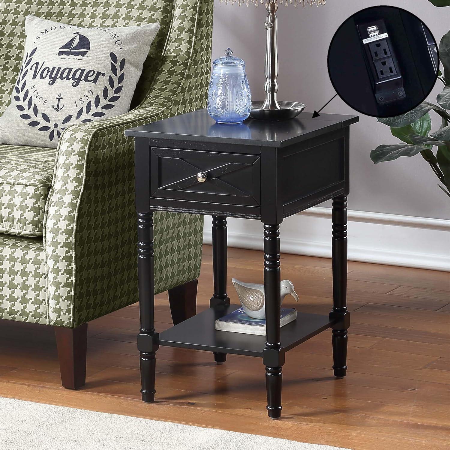 Convenience Concepts Country Oxford 1 Drawer End Table with Charging Station and Shelf, Black