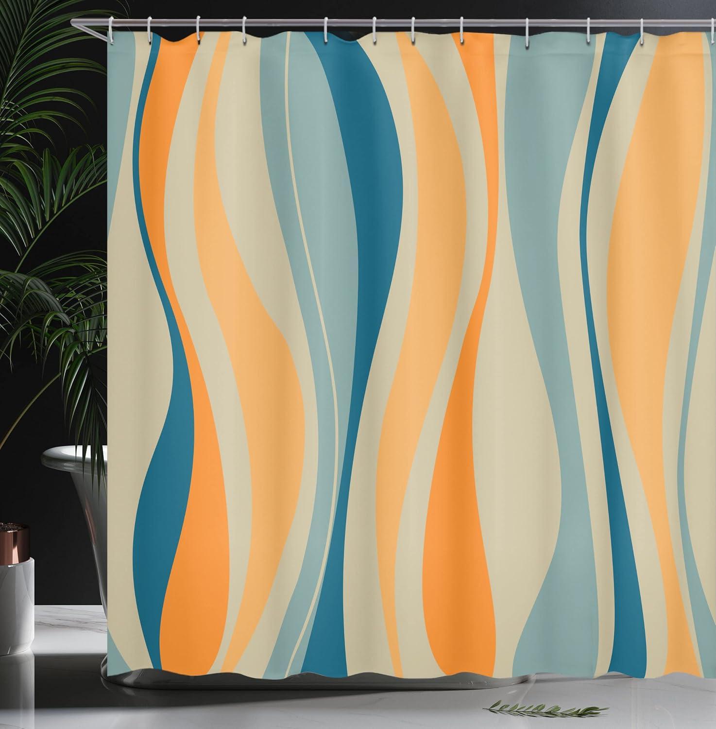 Ambesonne Vintage Shower Curtain, Retro Vibrant Stripes, 69"Wx70"L, Petrol Blue and Marigold