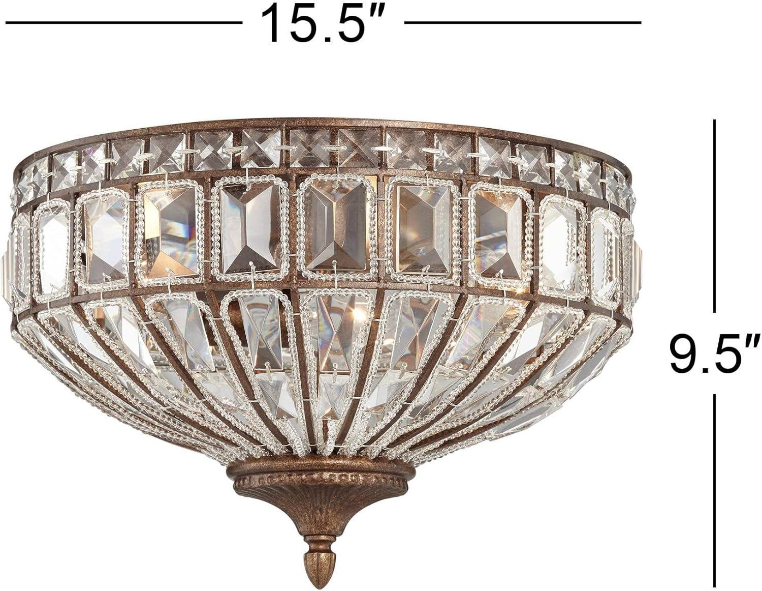 Vienna Full Spectrum Ibeza Vintage Ceiling Light Flush Mount Fixture 15 1/2" Wide Mocha Brown 3-Light Square Cut Crystal for Bedroom Kitchen Hallway