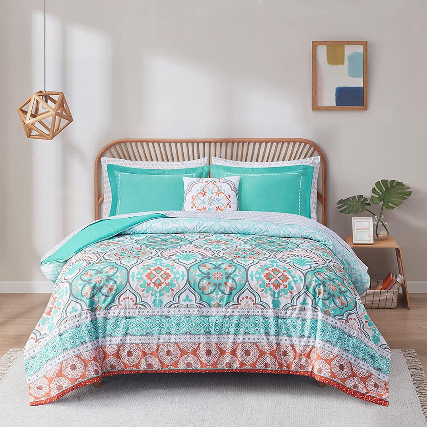 Queen Size Aqua and Coral Microfiber Boho Bed in a Bag Set