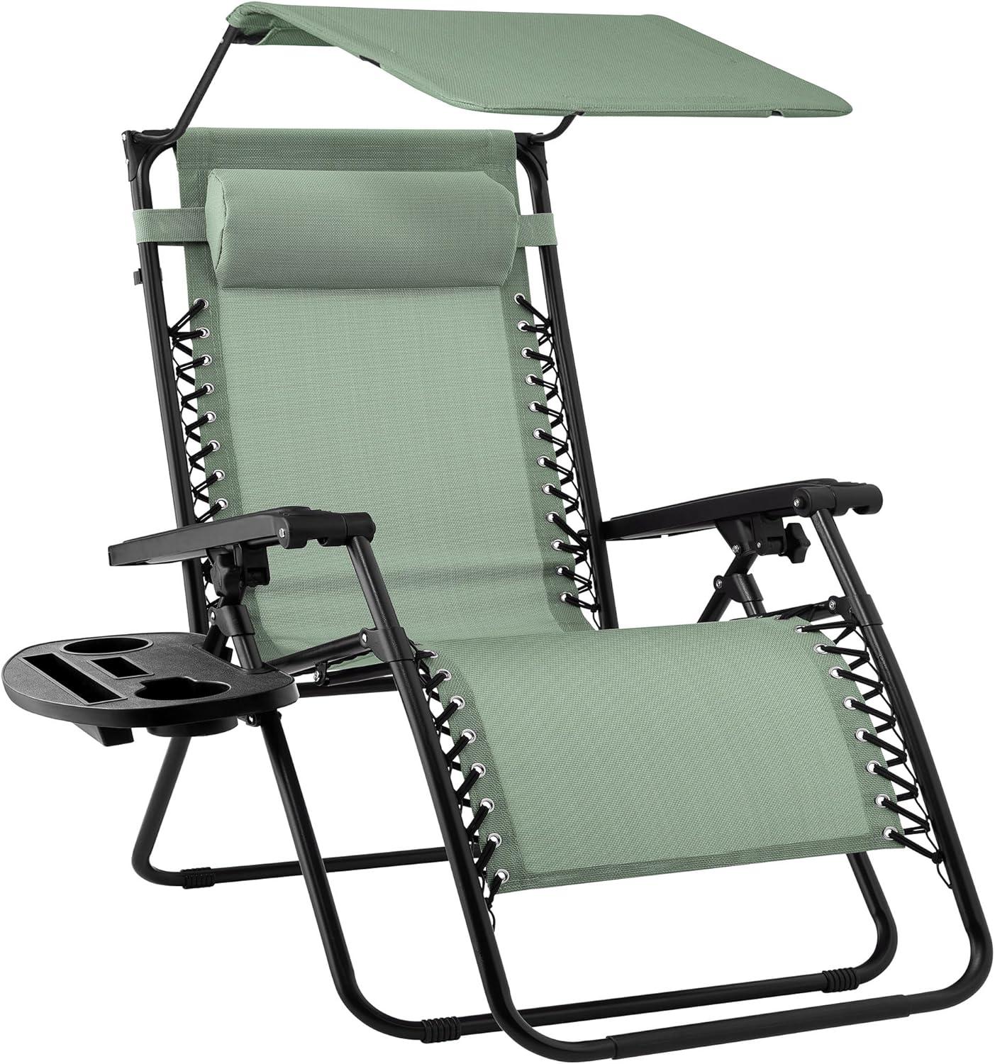 Best Choice Products Folding Zero Gravity Recliner Patio Lounge Chair w/ Canopy Shade, Headrest, Tray - Sage Green