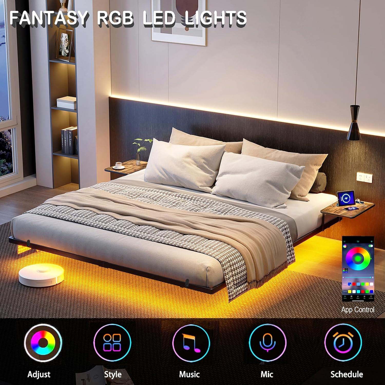 Alwyn Home Floating Bed Frame With Led Lights Metal Platform Bed, No Squeak