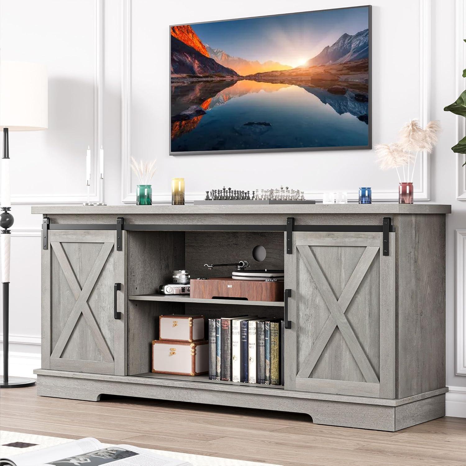 Gray Wash Farmhouse Sliding Barn Door TV Stand for 65" TV