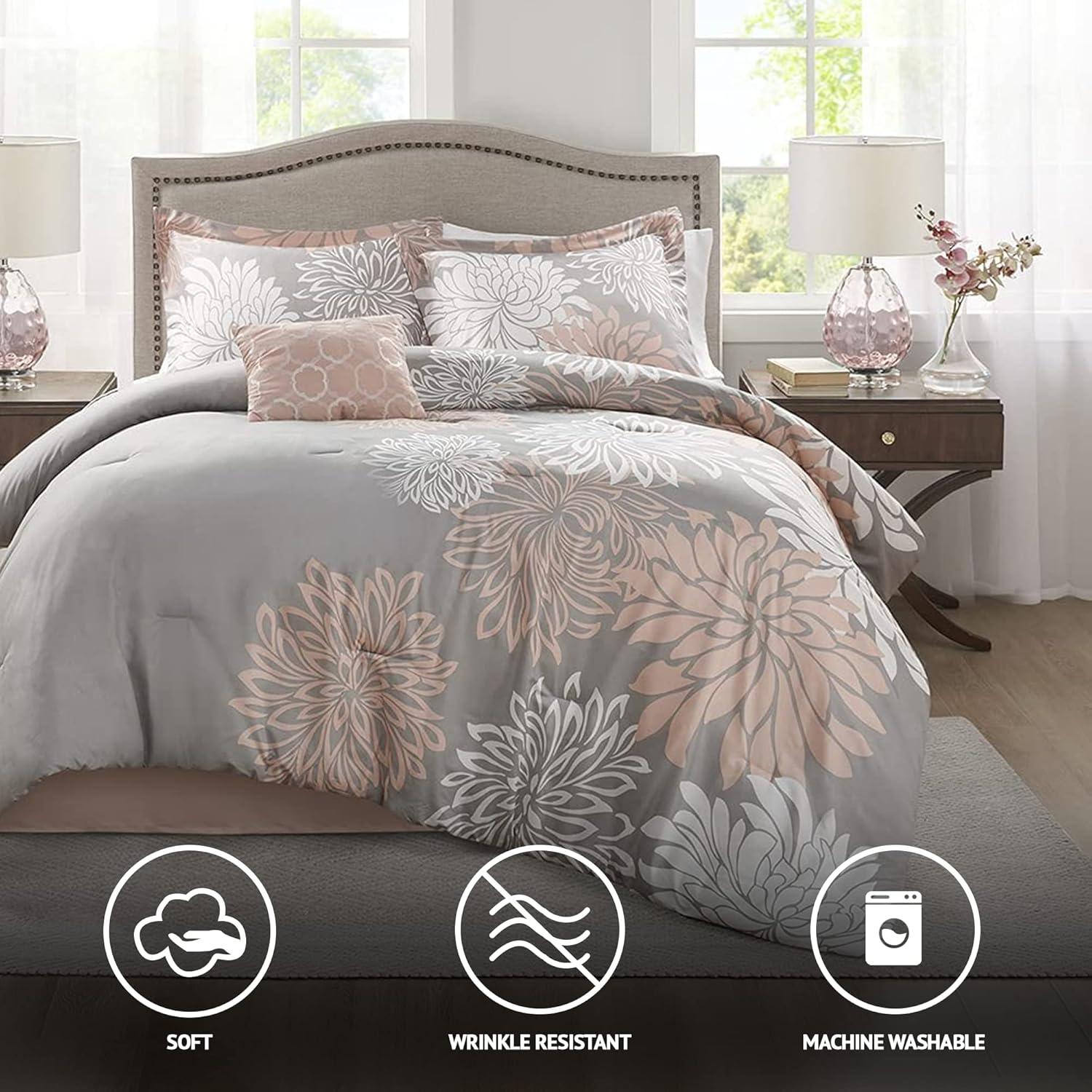 Comfort Spaces King Size Comforter Set, 5-Piece Floral Bedding Set for All Season, Blush King Comforter Set with Bed Skirt