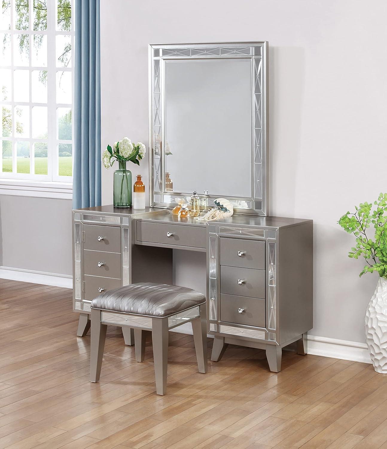 Transitional Gray Vanity Desk with Bench and Mirrored Accents