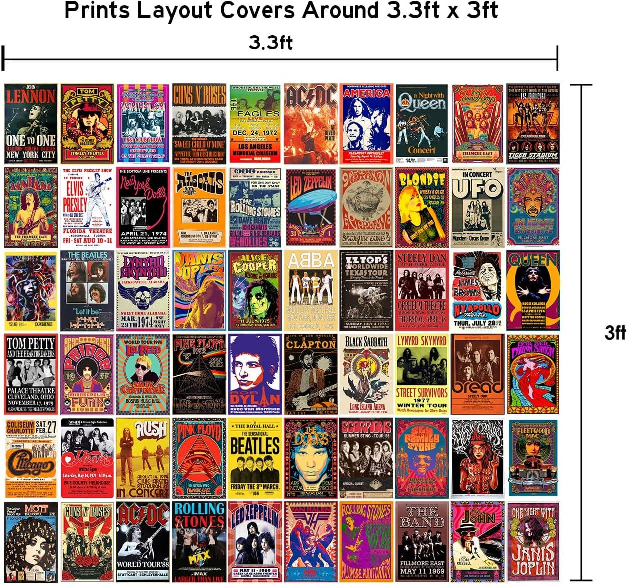 WOONKIT 60 PC Vintage Rock Band Posters, 70s 80s 90s Retro Concert Prints, Bedroom Wall Art, Album Cover Collage, 4x6 Inch (Set of 60)