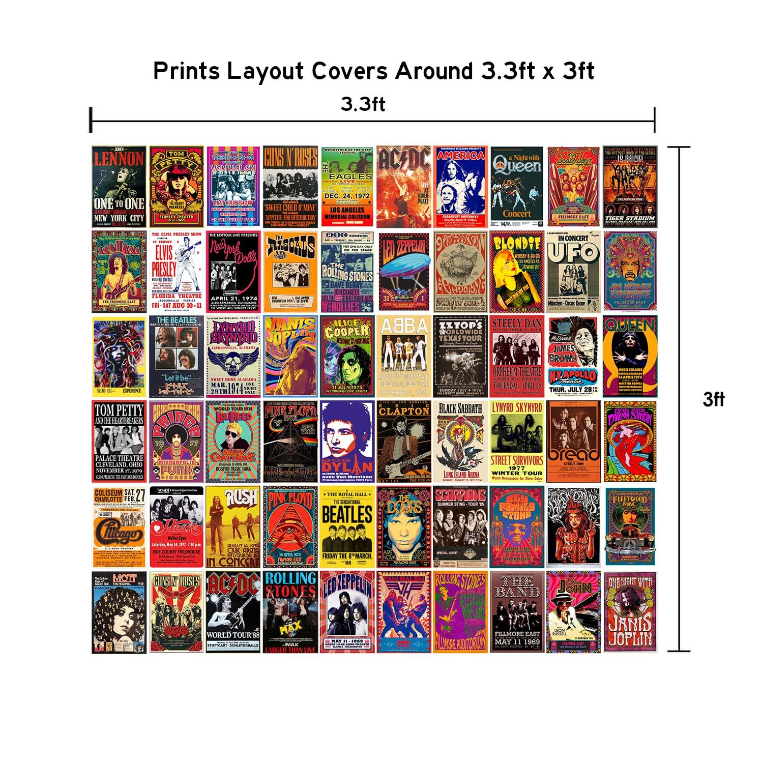 WOONKIT 60 PC Vintage Rock Band Posters, 70s 80s 90s Retro Concert Prints, Bedroom Wall Art, Album Cover Collage, 4x6 Inch (Set of 60)