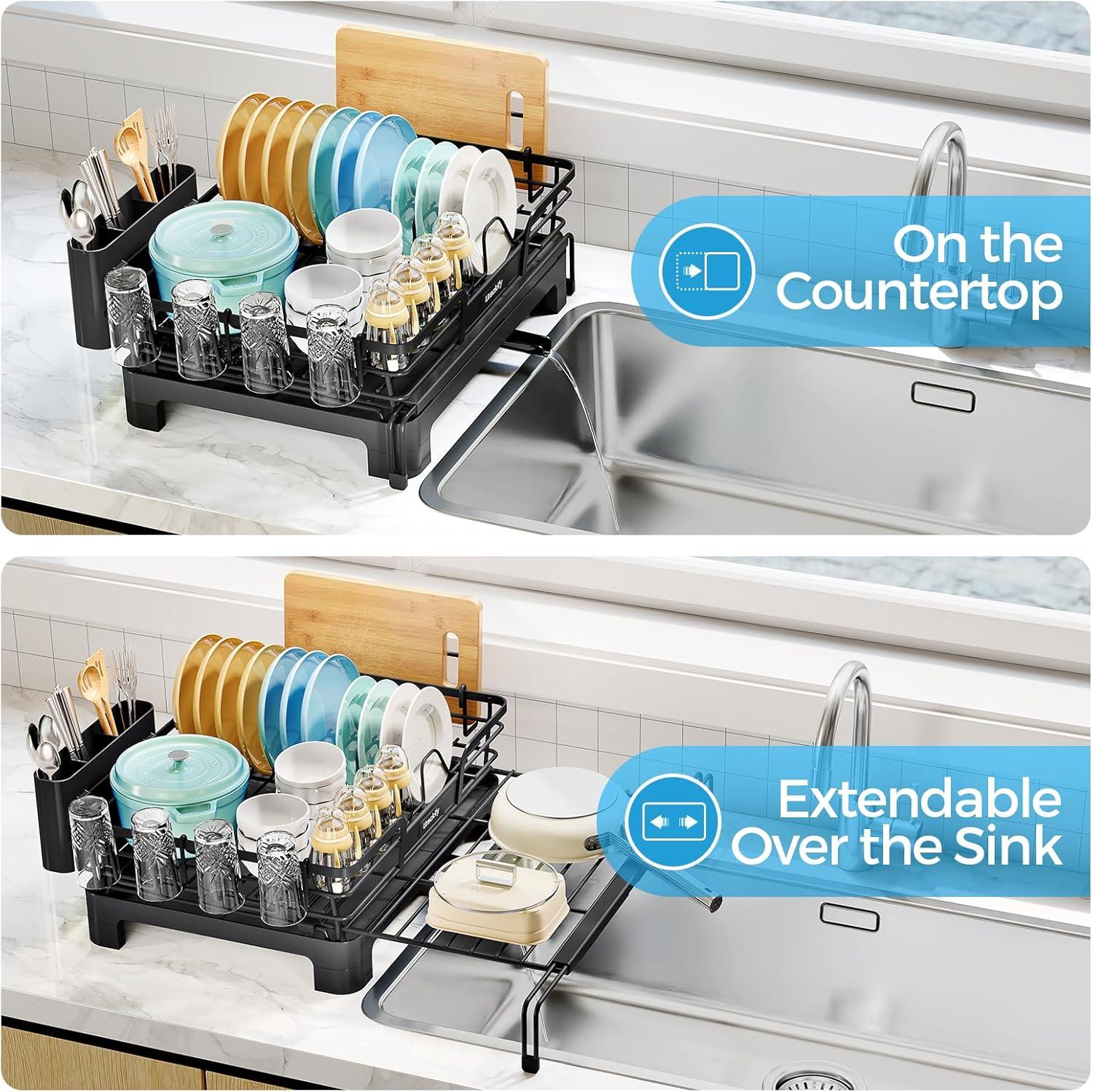 THE GLAMOUR BOUTIQUES Extendable Dish Drying Rack, 2 In 1 Multifunction Dish Rack For Kitchen Counter, Expandable Dish Drainer Over Sink, Large Dish Strainer With Drainboard & Cups Holder, Black