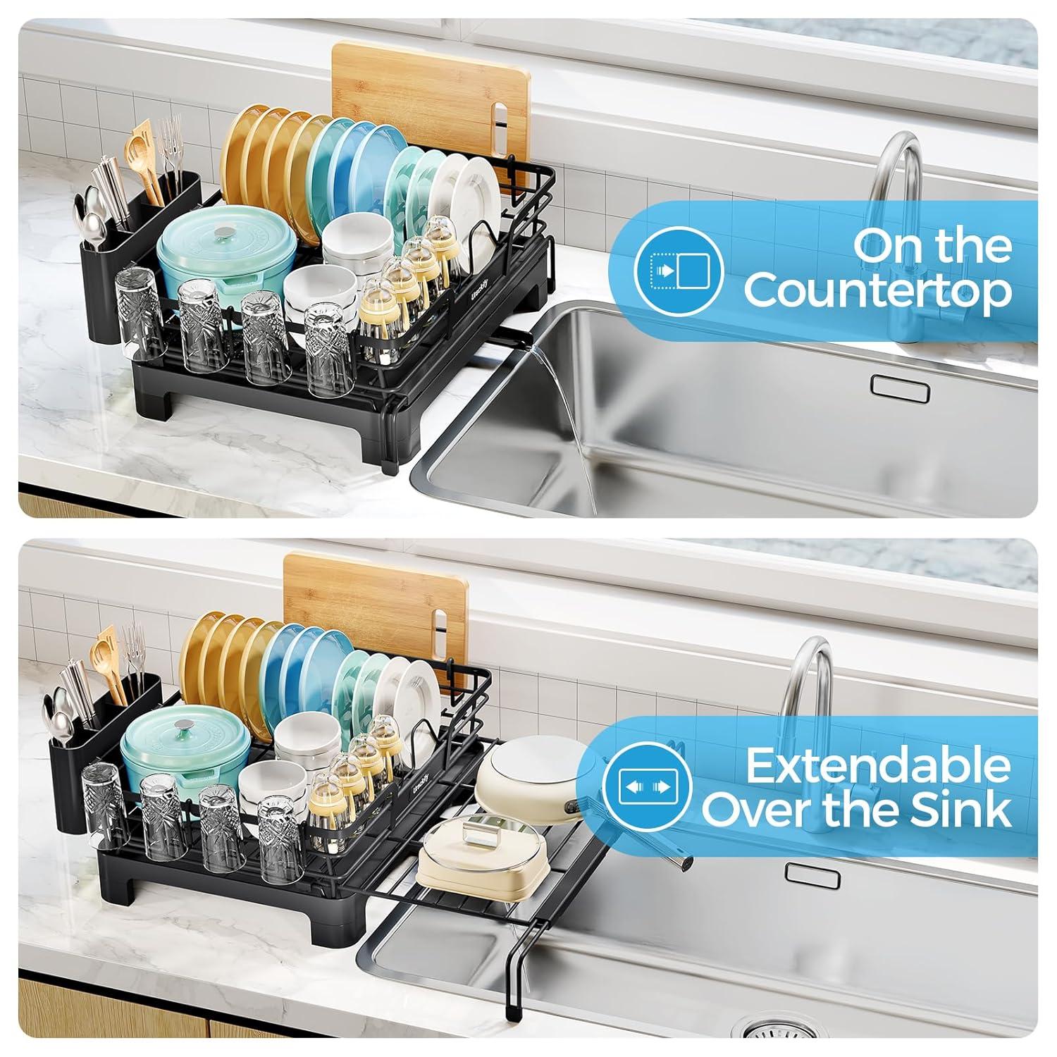 THE GLAMOUR BOUTIQUES Extendable Dish Drying Rack, 2 In 1 Multifunction Dish Rack For Kitchen Counter, Expandable Dish Drainer Over Sink, Large Dish Strainer With Drainboard & Cups Holder, Black