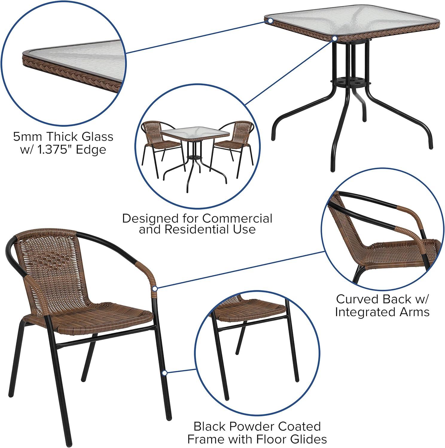 Flash Furniture Lila 28'' Square Glass Metal Table with Dark Brown Rattan Edging and 2 Dark Brown Rattan Stack Chairs