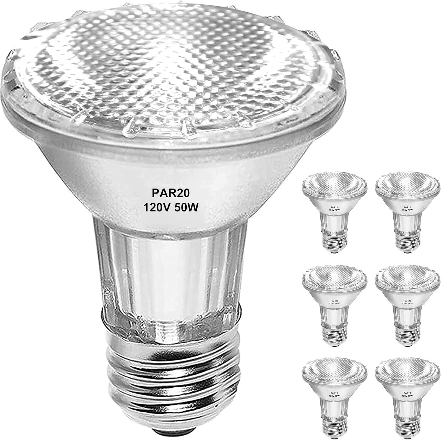 6PCS Par20 Halogen 50W 120V Dimmable, Long Lifespan E26 Par20 Light Bulb with 3000K Warm White for Indoor/Outdoor