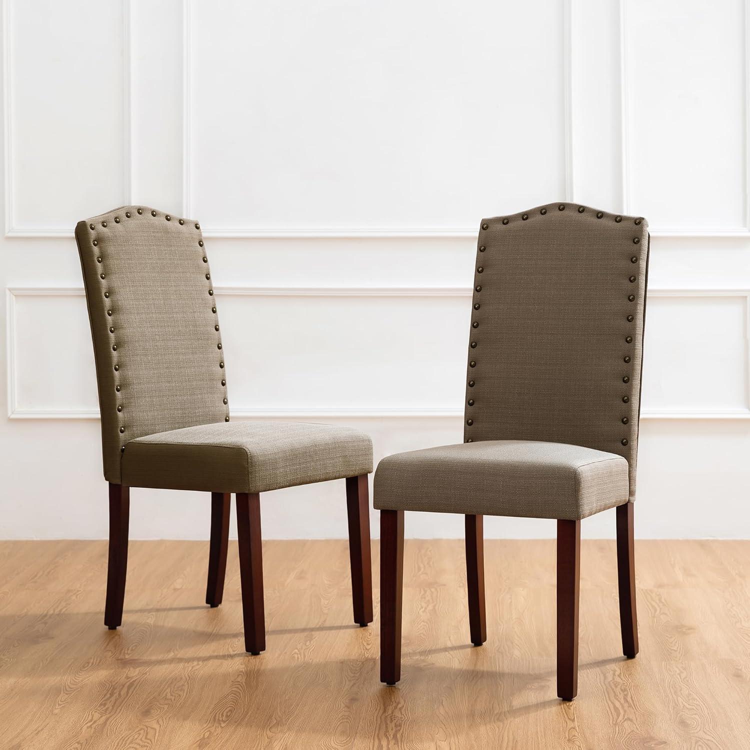 Tan Linen Upholstered Parsons Dining Chairs with Wood Legs, Set of 2