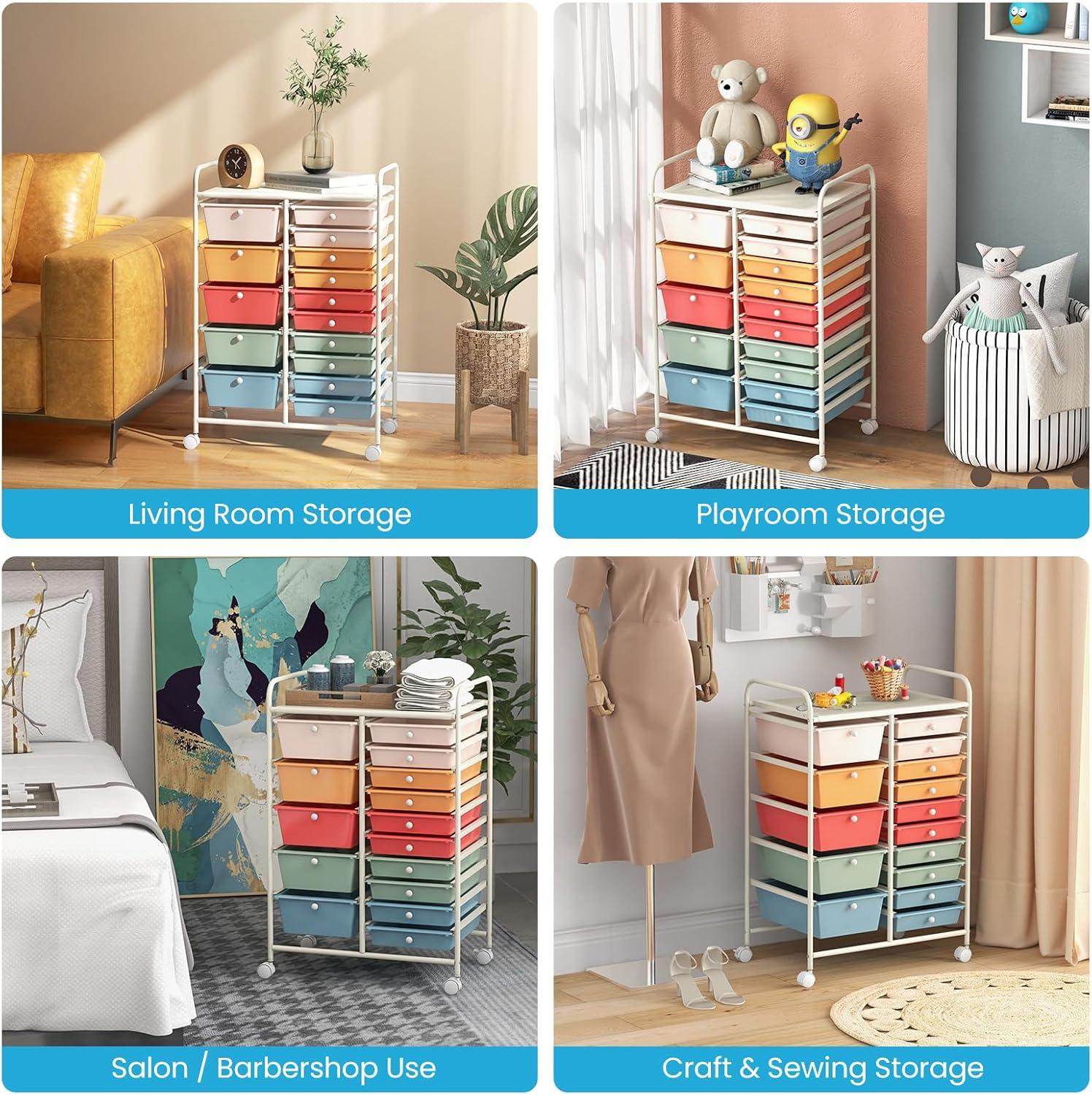 Multicolor 15-Drawer Rolling Storage Cart with Metal Frame